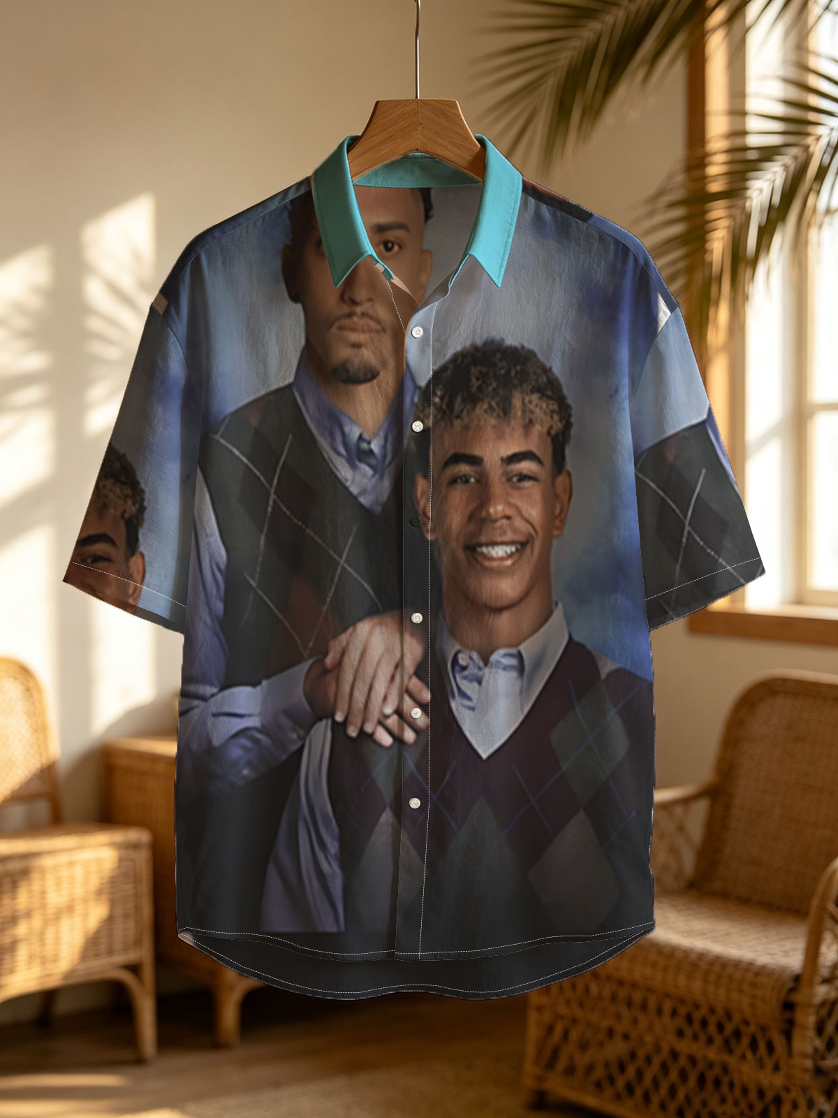 Two Men in Argyle Vests, One Smiling, One Serious, Blue Background -  Shirt