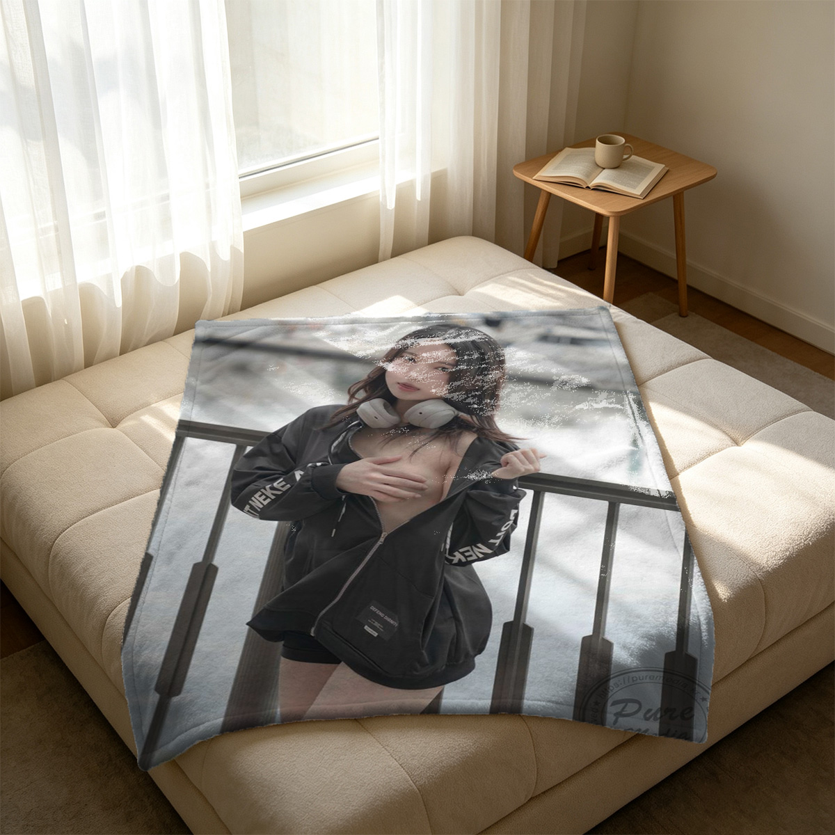 A sexy woman in white fishnet lingerie kneeling on a luxurious bed. - Blanket