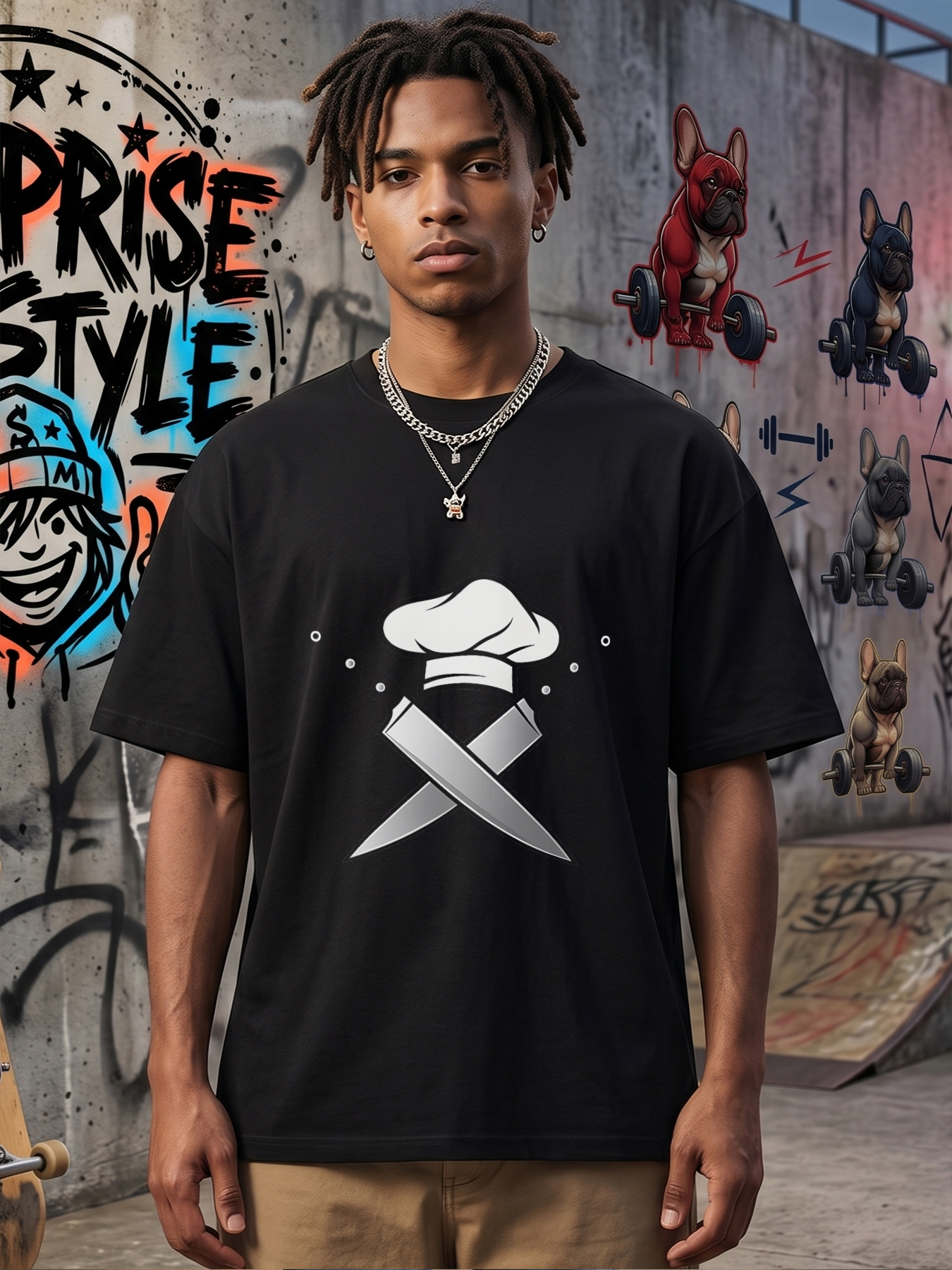 Men's Chef Hat and Crossed Knives Print T-Shirt Casual Round Neck Summer Lightweight Breathable Short Sleeve Tee for Cooking Enthusiasts and Food Lovers