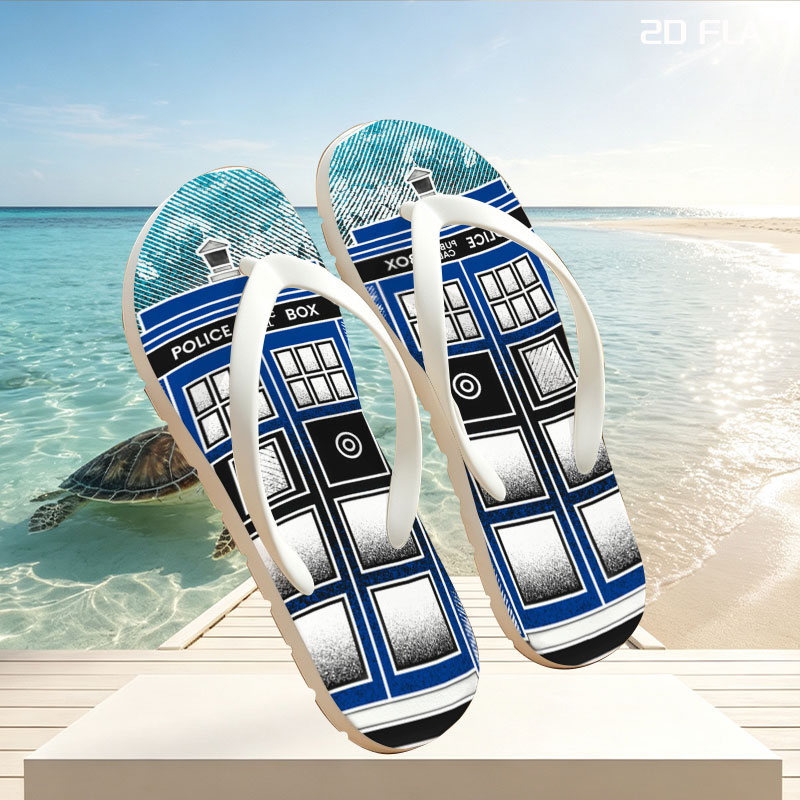TARDIS in Winter Wonderland: Police Box Amid Snowy Pines -  flip-flops