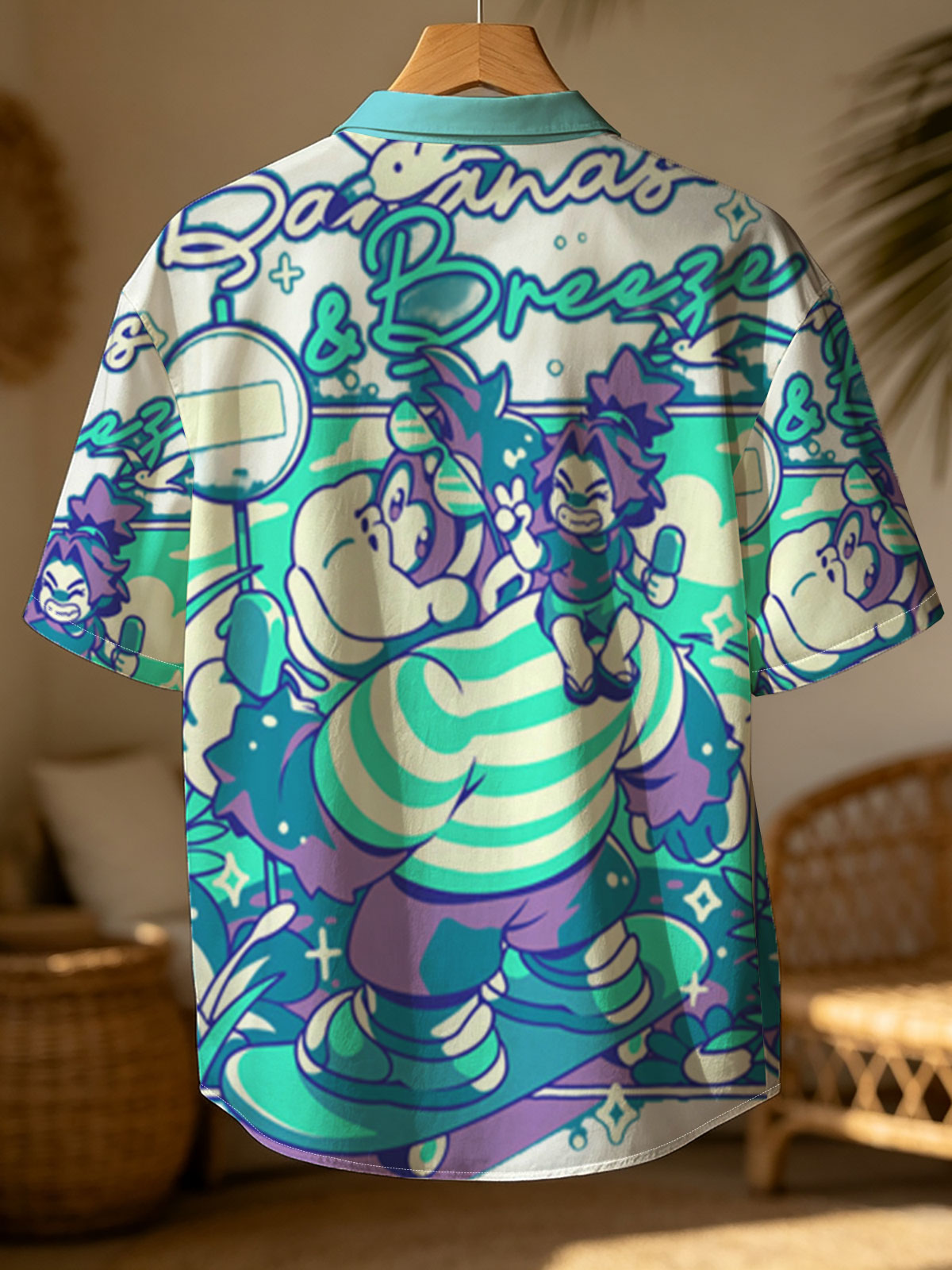 Bananas & Breeze: A whimsical adventure with a striped giant and a playful rider in a vibrant, magical landscape. -  Shirt