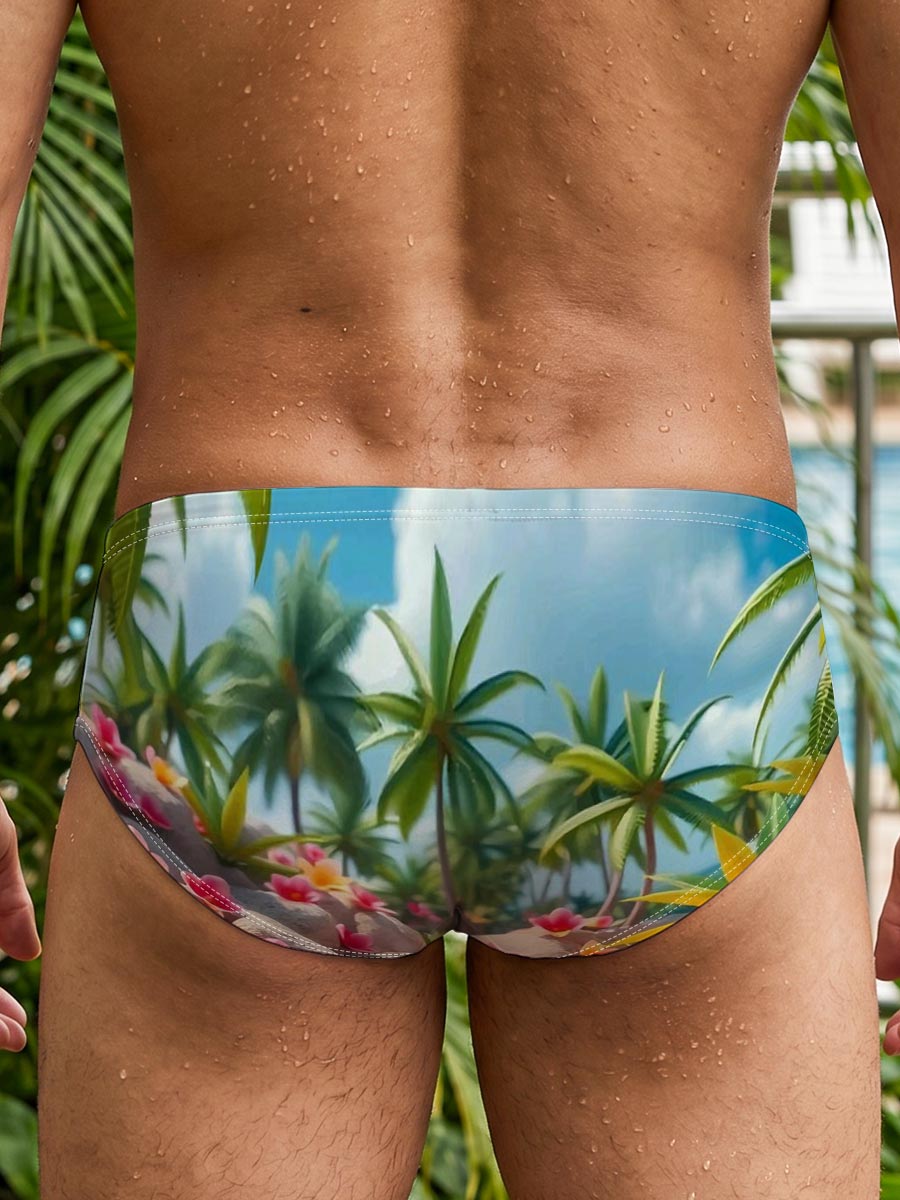 Tropical Beach with Palm Trees and Pink Flowers -  Men's swim trunks