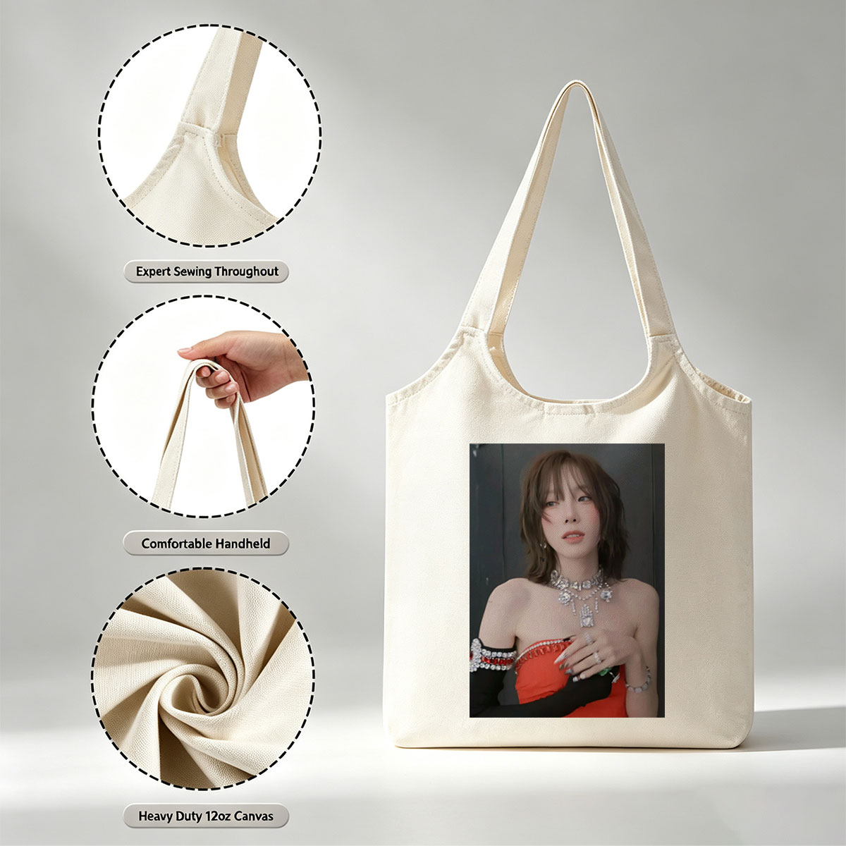 Taeyeon in a glamorous red outfit with sparkling jewelry and bold accessories - Canvas shoulder bags/