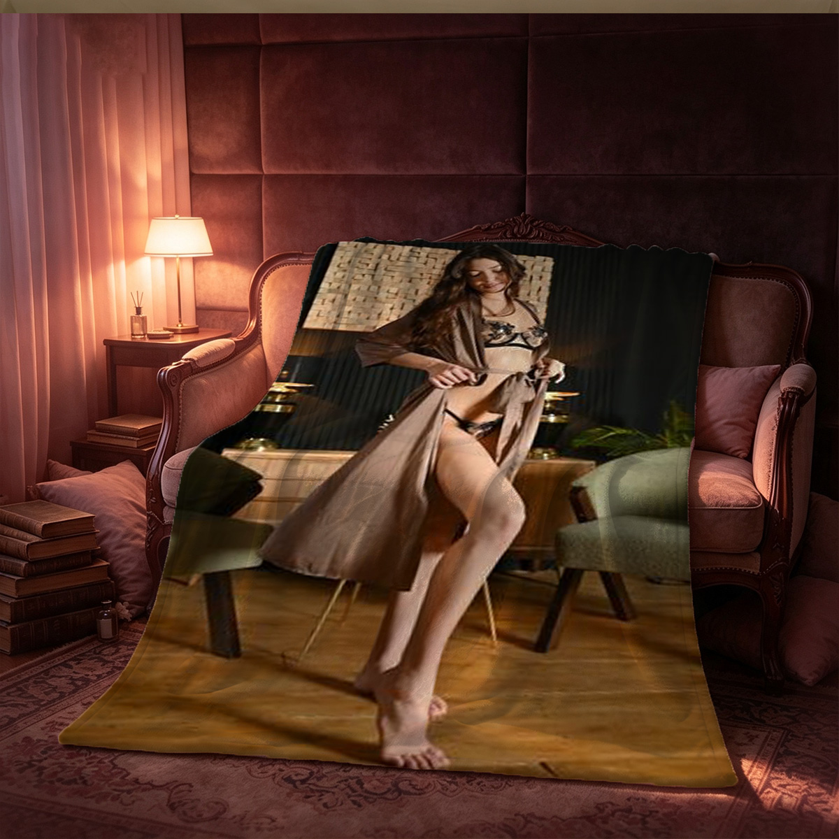 Emma Watson in purple lingerie sitting on the floor. - Blanket
