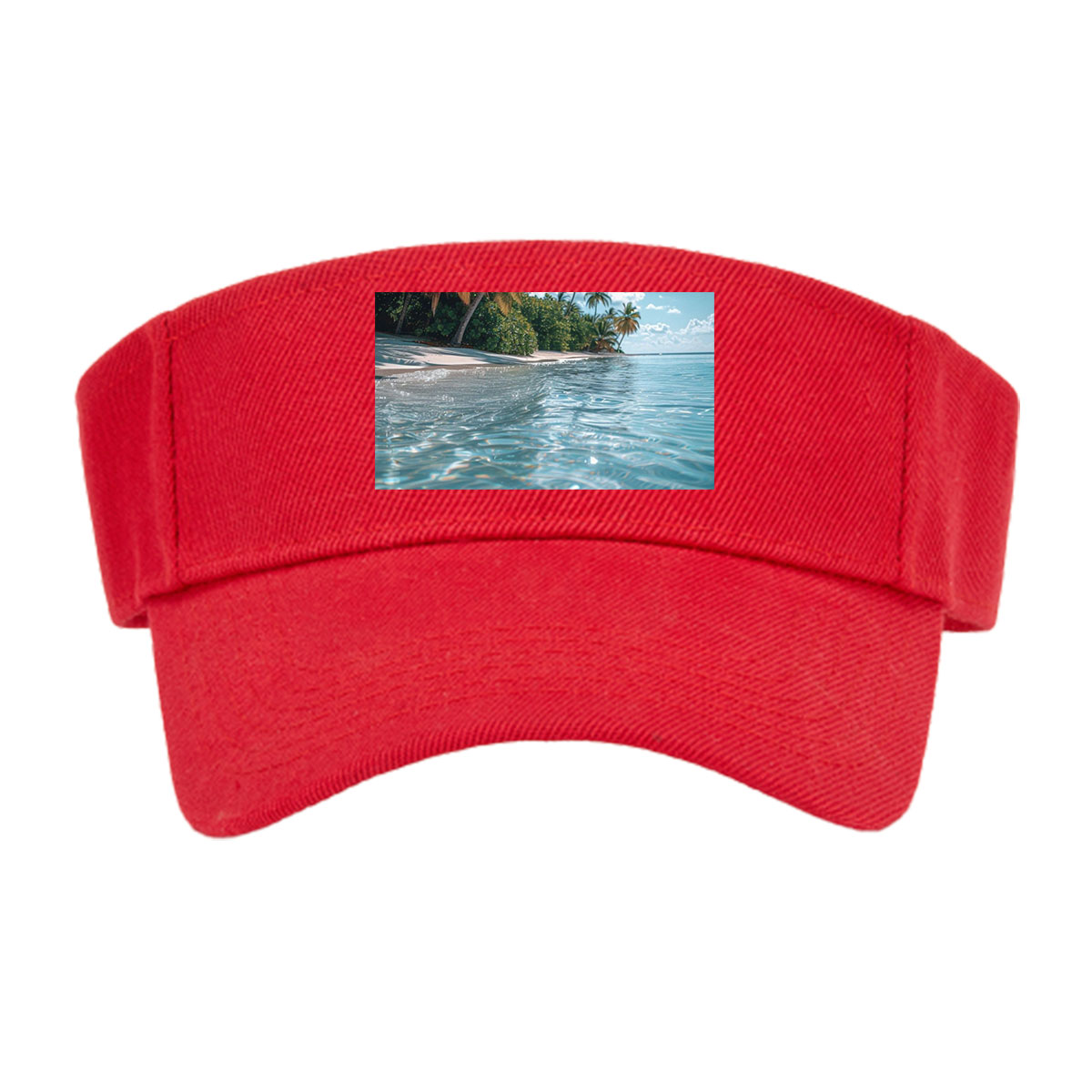 Crystal-clear waters lap against a serene tropical beach lined with swaying palm trees under a bright blue sky. -  Visor cap