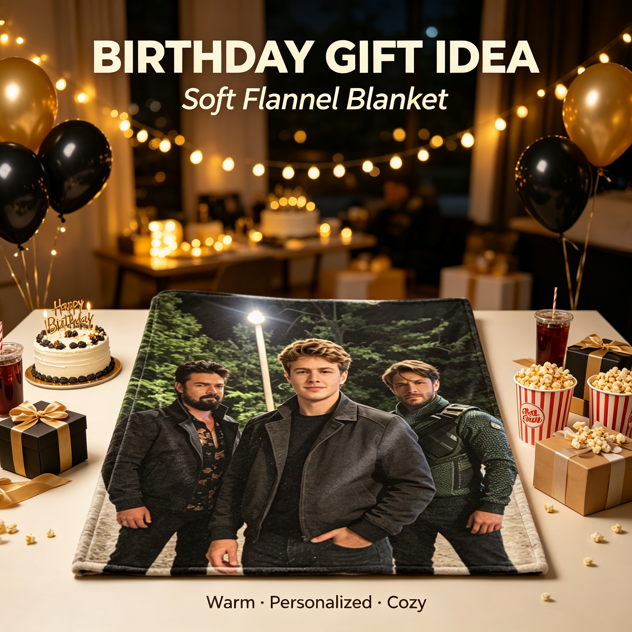 Custom Face Blanket Featuring Three Men in Stylish Outfits Standing Outdoors at Night Flannel Blanket Perfect for Cozy Nights and Unique Gift/Giveaway