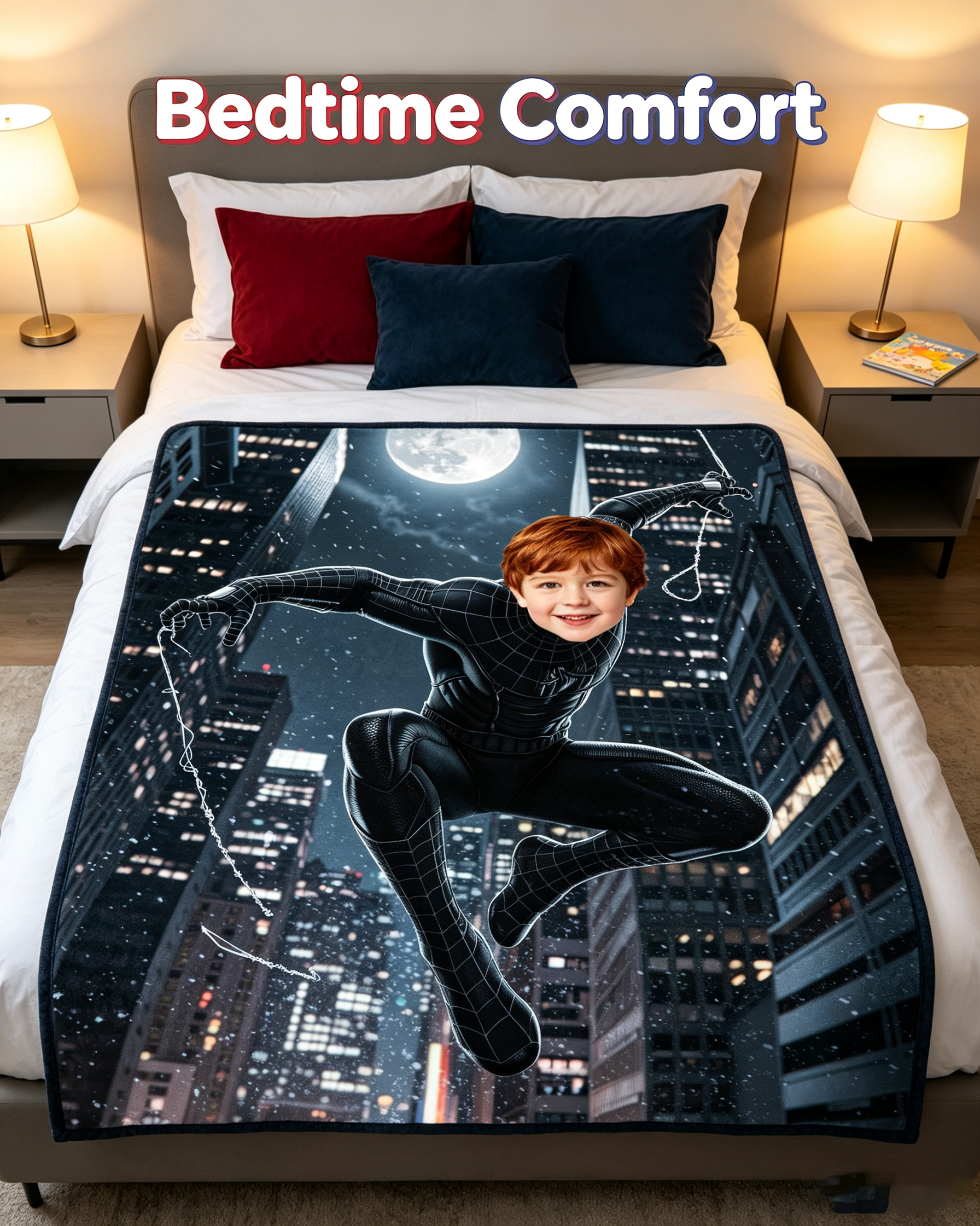 Custom Photo Black‑Suit Spider‑Man Fleece Blanket, Personalized Superhero Throw Blanket, Upload Kid Photo, Boys Unique Birthday Gift, Night City Hero Themed Bed Sofa Blanket