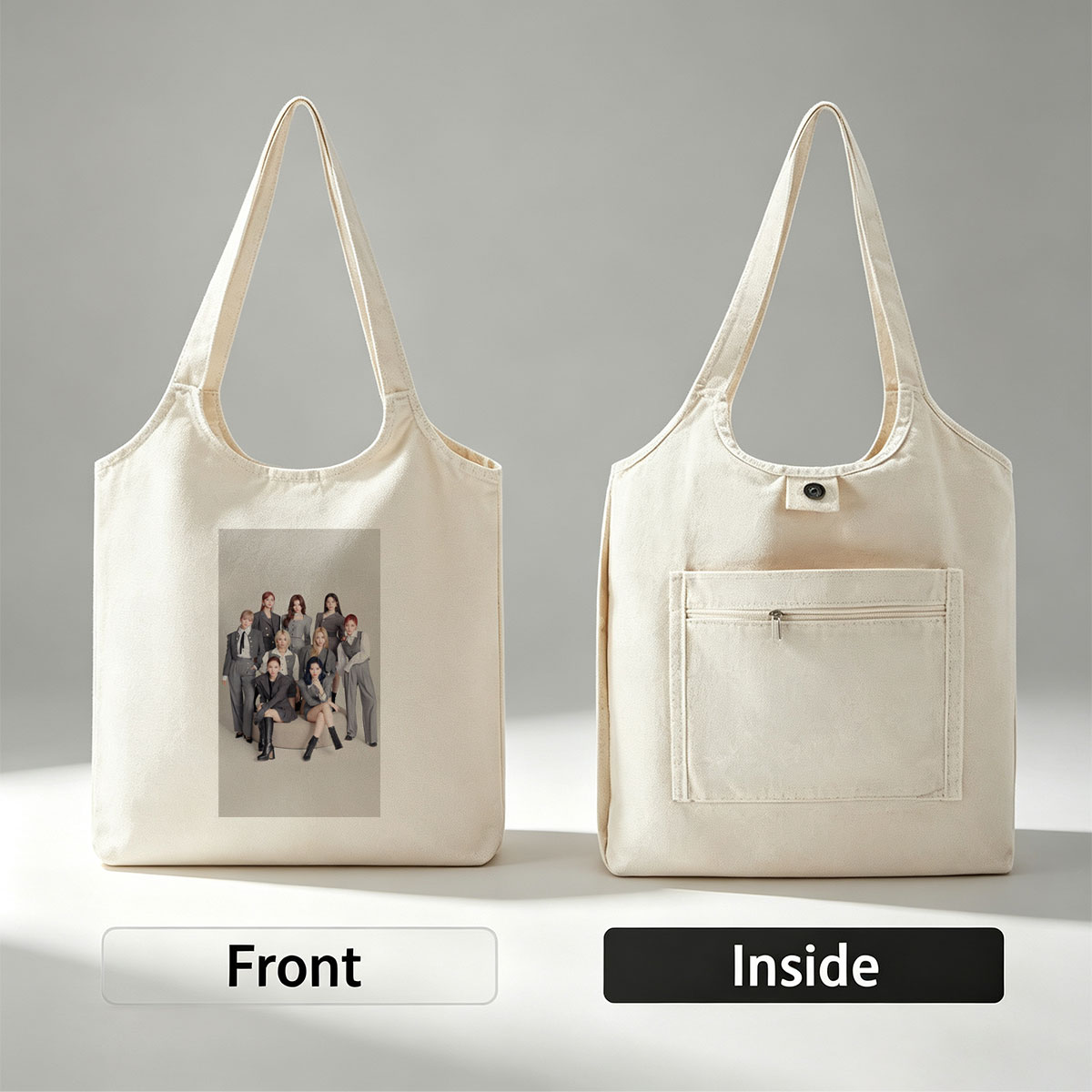 Twice Group in Stylish Gray Suits Posed on a Minimalist Set - Canvas shoulder bags/