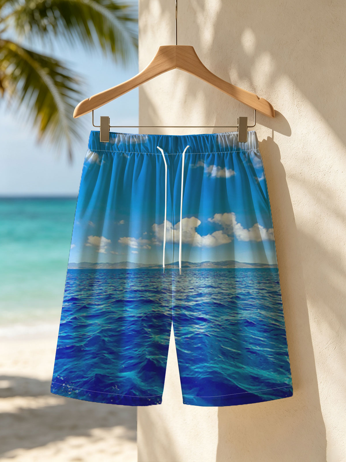 Azure Sea Under Blue Sky with White Clouds -  Beach shorts