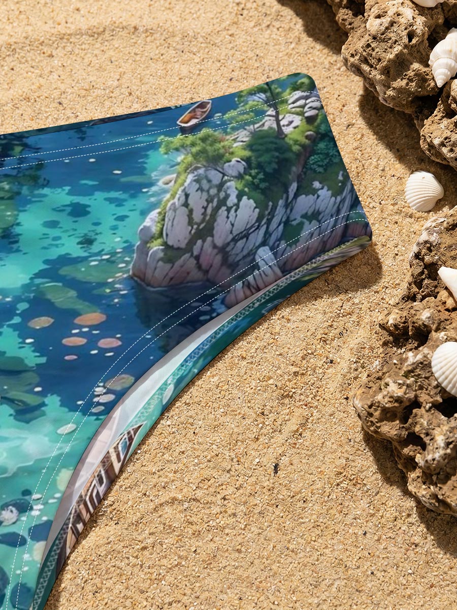 A serene boat floats on crystal-clear waters surrounded by rocky cliffs and blooming flowers. -  Men's swim trunks