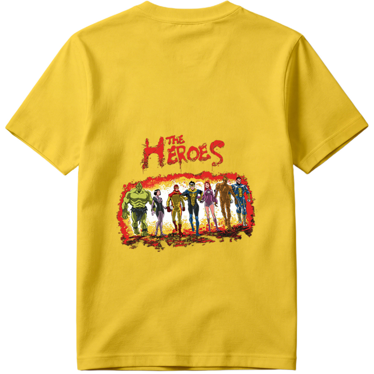 The Heroes: Green Hulk, Black Widow, Red Ranger, Blue Avenger, Pink Warrior, Golden Titan, and Blue Sentinel - Tee