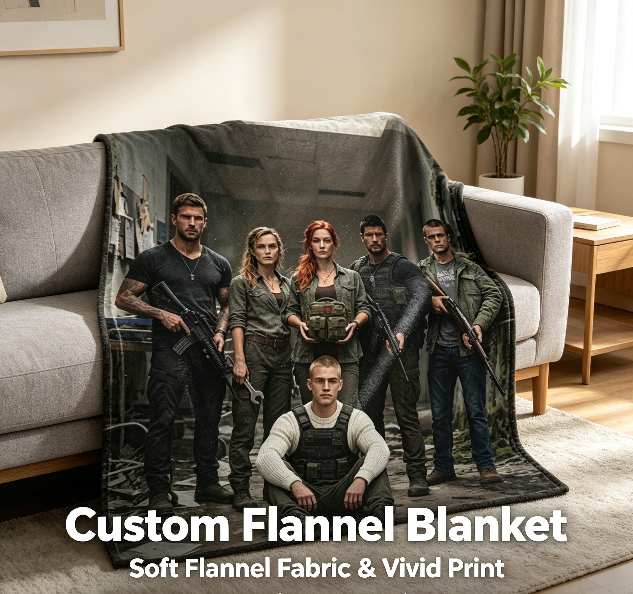 Custom Face Blanket - Post-Apocalyptic Survival Team Portrait Flannel Blanket - Perfect for Couch, Bed, or Camping - Ideal Gift for Fans of Dystopian Series and Action Movies
