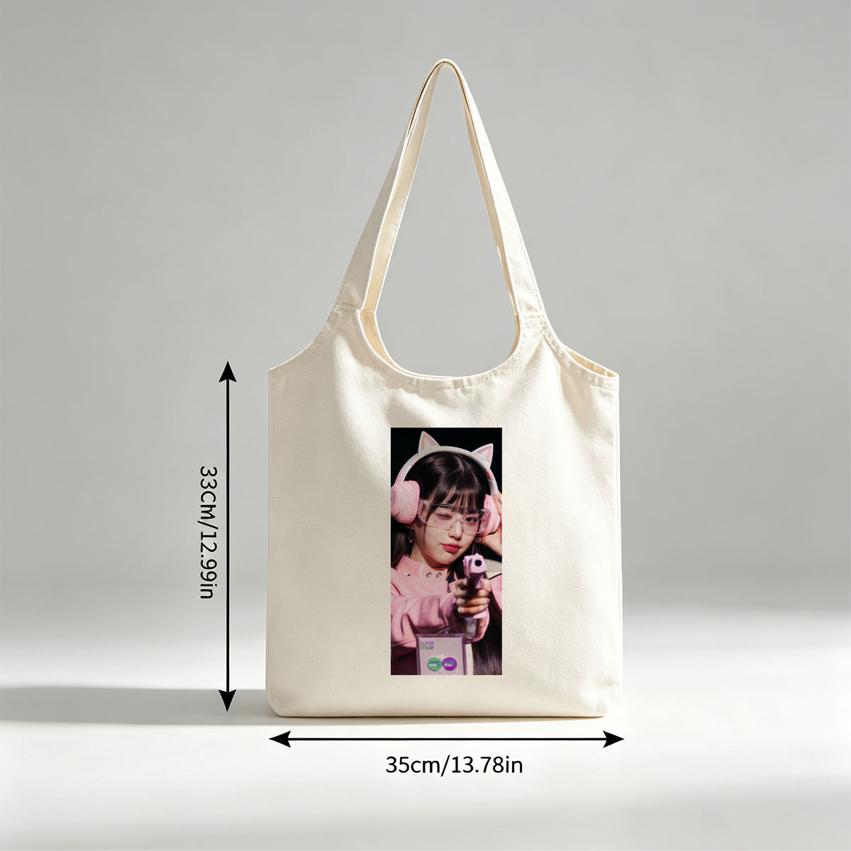 Miu Miu in Pink Cat Ear Headphones Holding a Toy Gun with Clear Glasses and Playful Expression - Canvas shoulder bags/