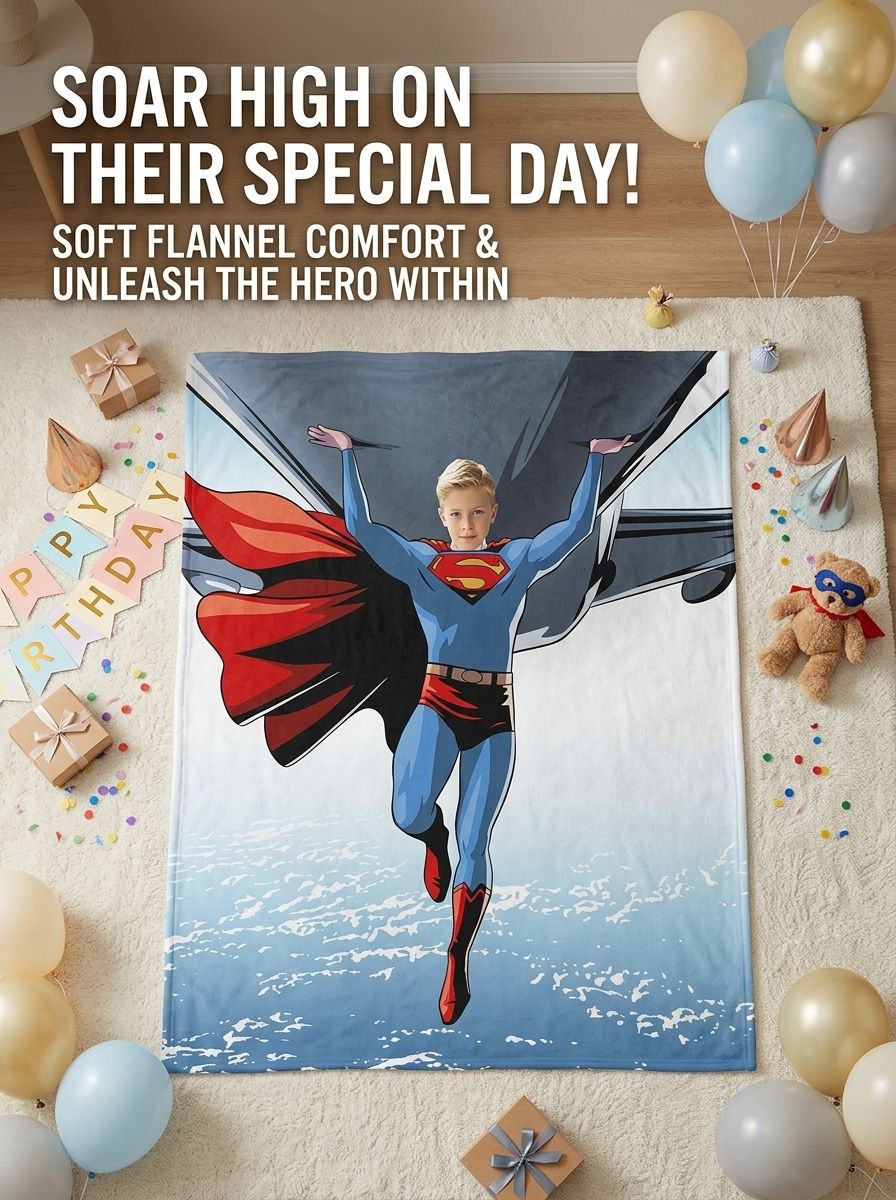 Custom Superhero Photo Blanket Personalized Face Flannel Fleece Throw Soft Warm Bed Couch Keepsake Gift for Kids