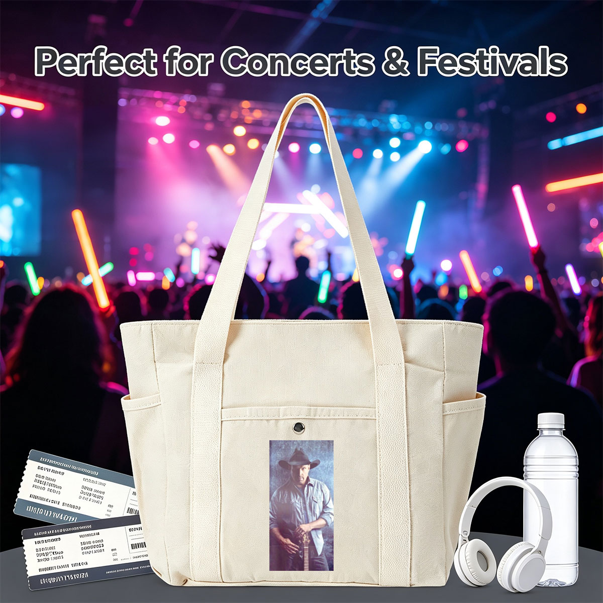 Garth Brook in Cowboy Hat Holding Guitar Against Textured Background - Multi-pocket bags