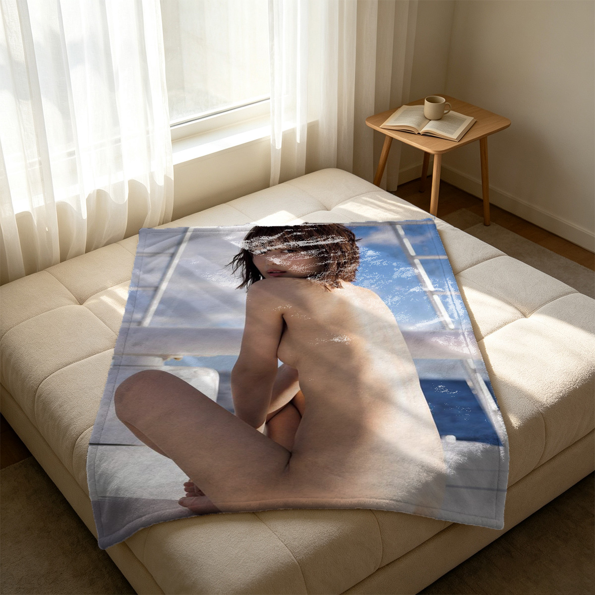 Nude Brunette in Tropical Garden Bikini Bottoms - Blanket