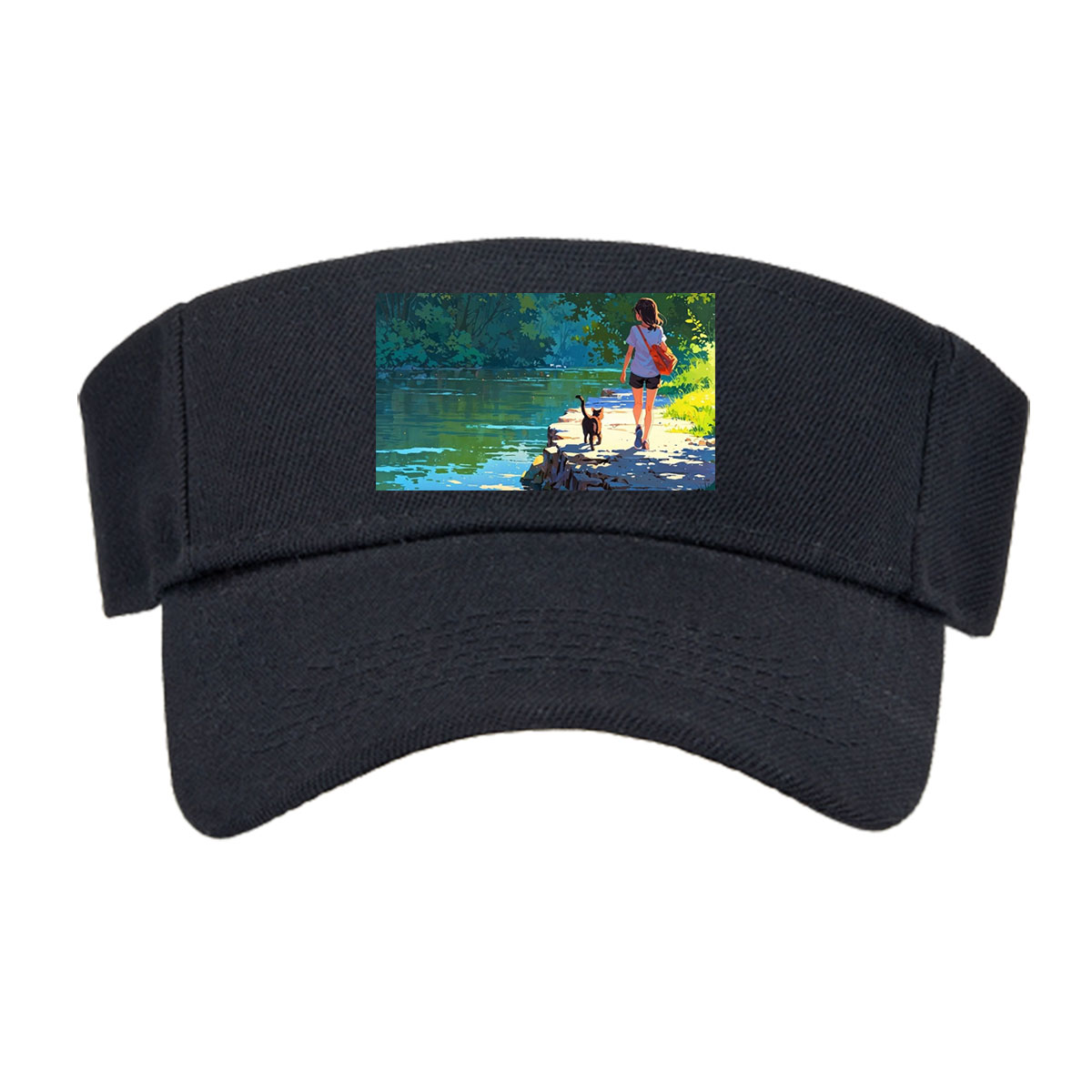 Girl and cat walking by a serene lakeside path -  Visor cap