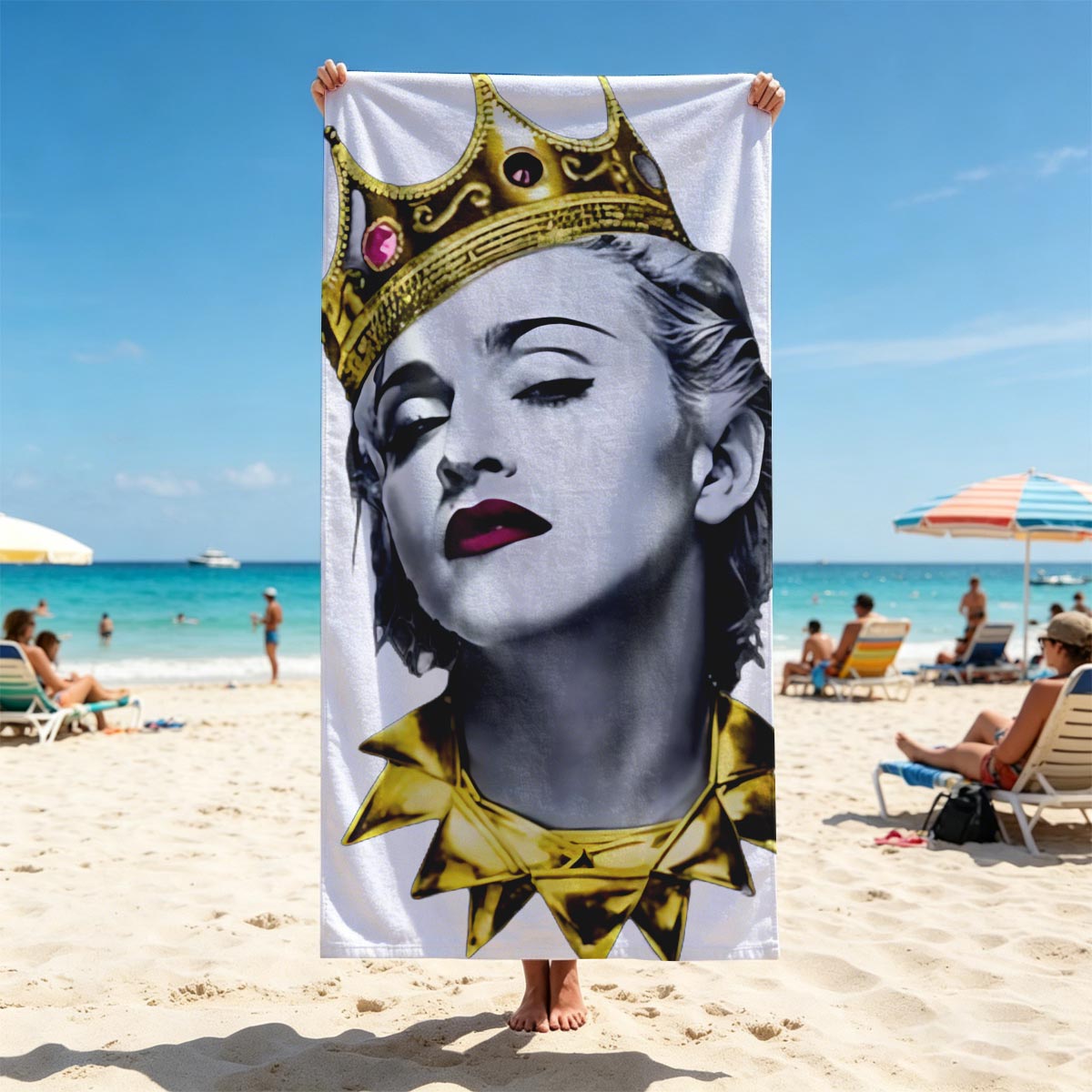 Madonna as Queen: Golden Crown and Regal Attire - Beach towels