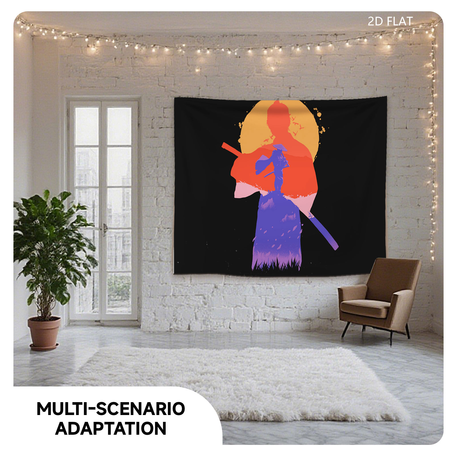 Samurai Silhouette Against Sunset with Mount Fuji and Birds - Tapestry