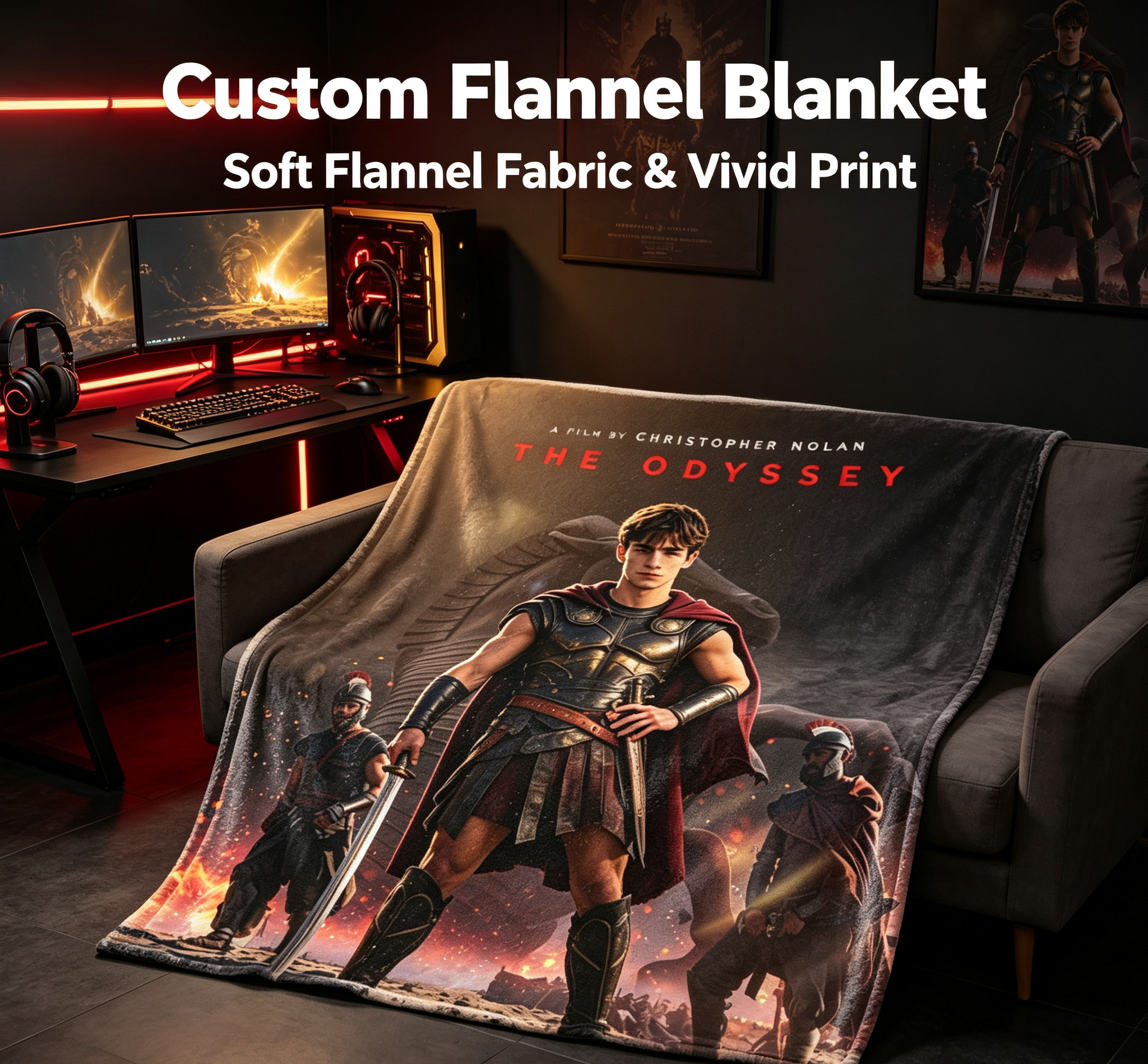 Custom Face Blanket The Odyssey Movie Character Flannel Blanket for Couch, Bed, or Travel – Perfect Gift or Giveaway for Fans of Christopher Nolan Films