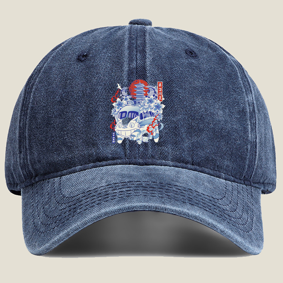 Neko Pass: Catbus and Cherry Blossoms - Washed Denim - Baseball Cap