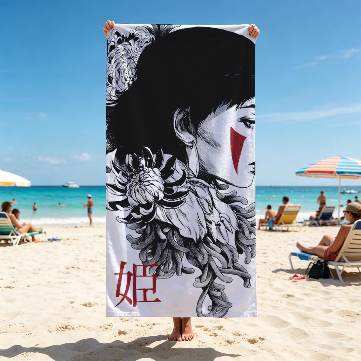 Geisha with Chrysanthemum and Red Accents - Beach towels