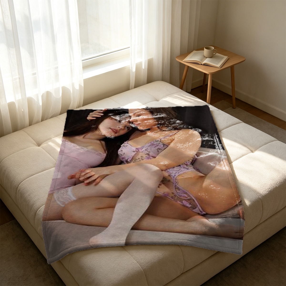 Japanese Model in Black Lace Lingerie on Leather Couch - Blanket