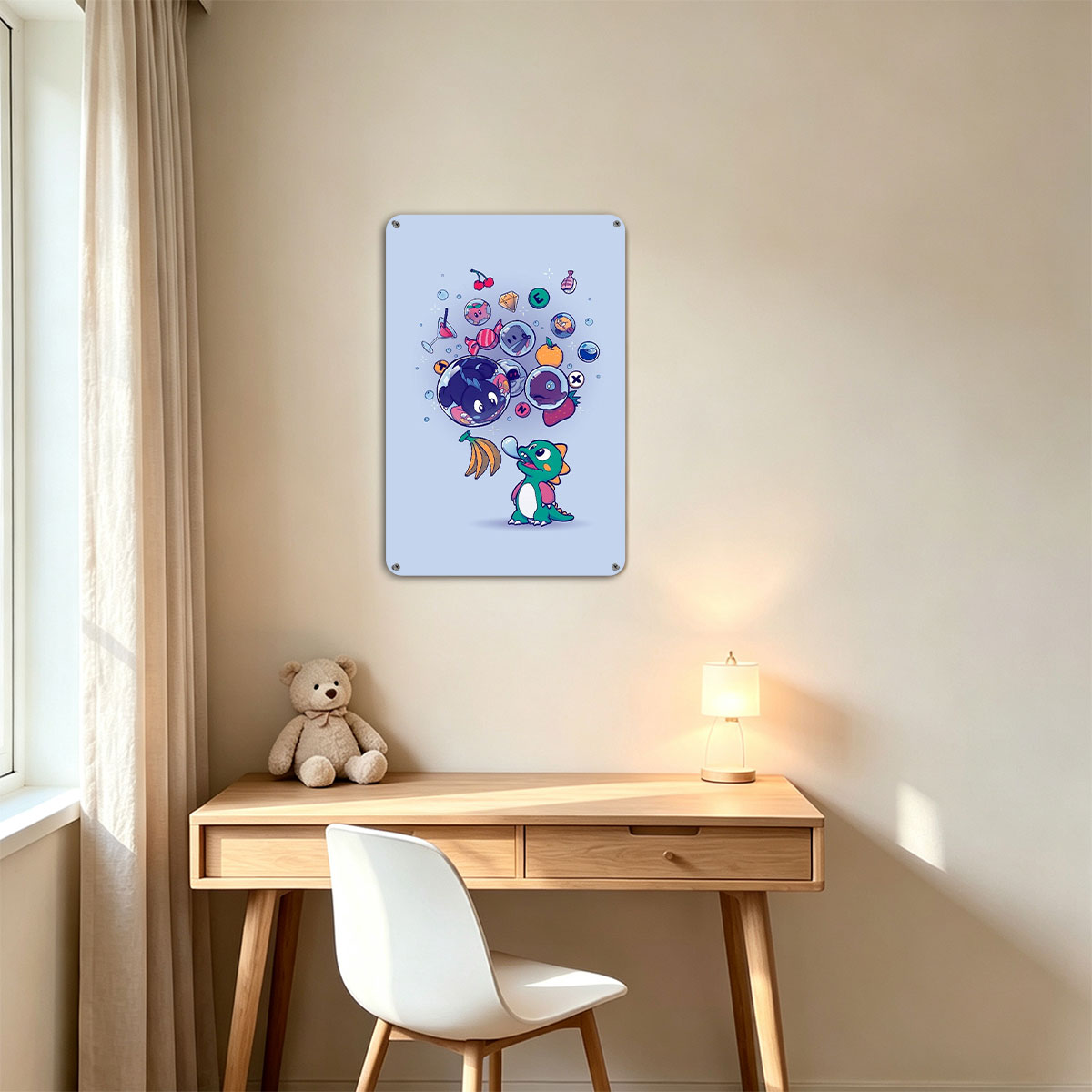 Cute Dragon Blows Bubbles with Game Icons and Fruits - painting