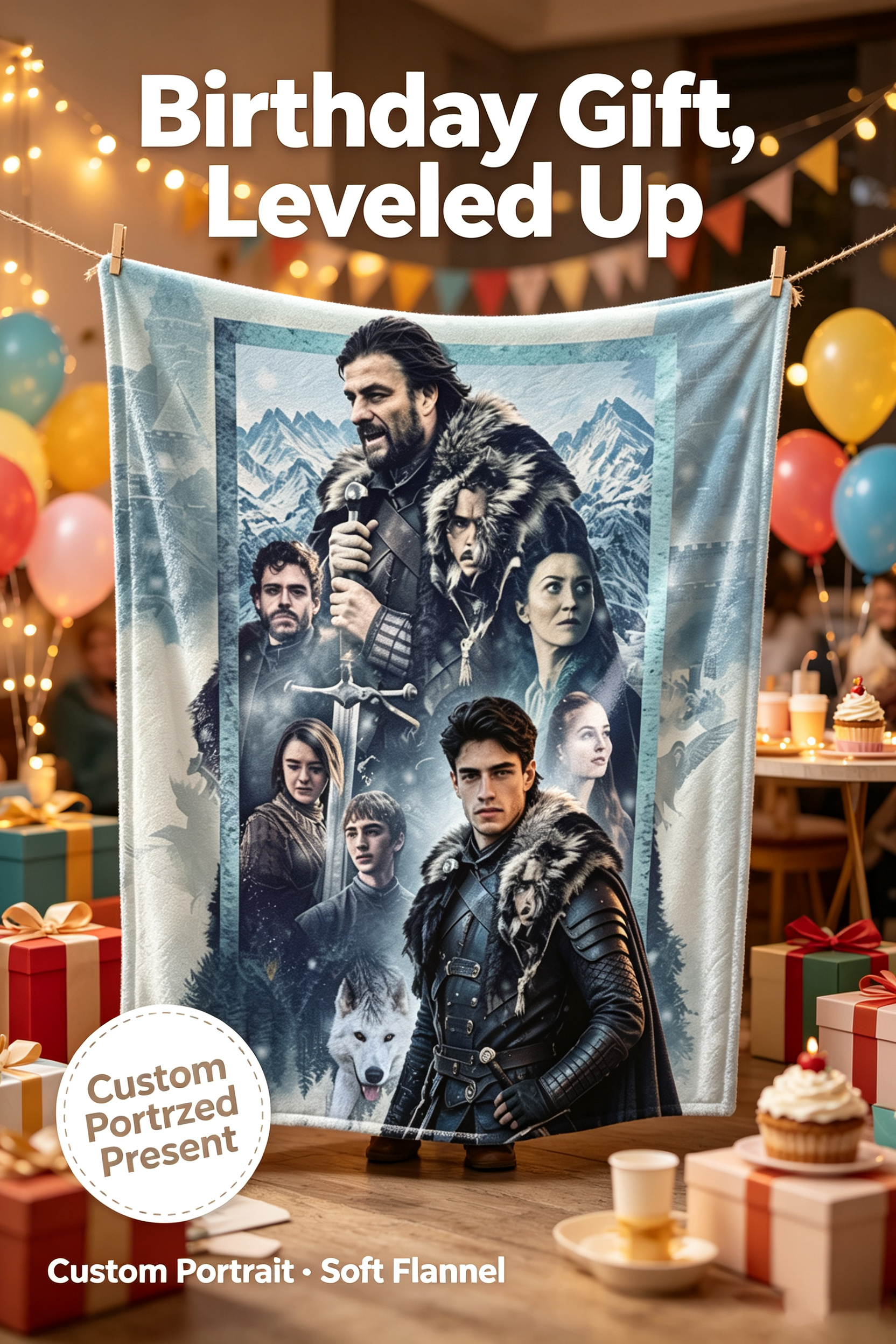 Custom Face Blanket House of Stark Flannel Blanket Winter is Coming Theme Gift for Fans and Collectors