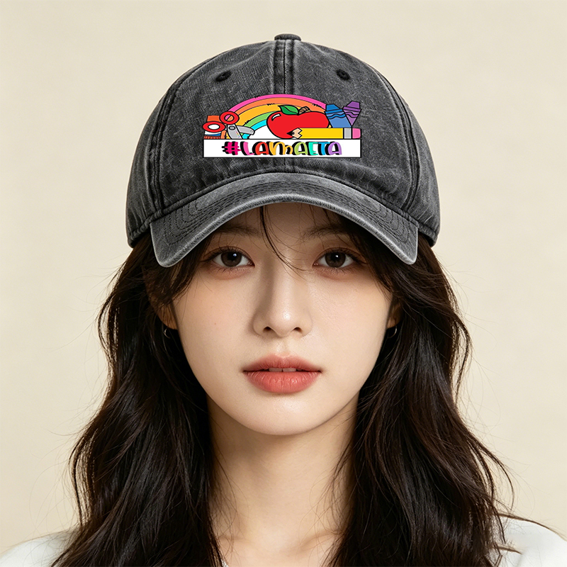 Unisex Classic Washed Cotton Hat with Rainbow Apple Art and #LAMMAETA Print - Perfect for School, Arts & Crafts, Teachers and Creative Adults