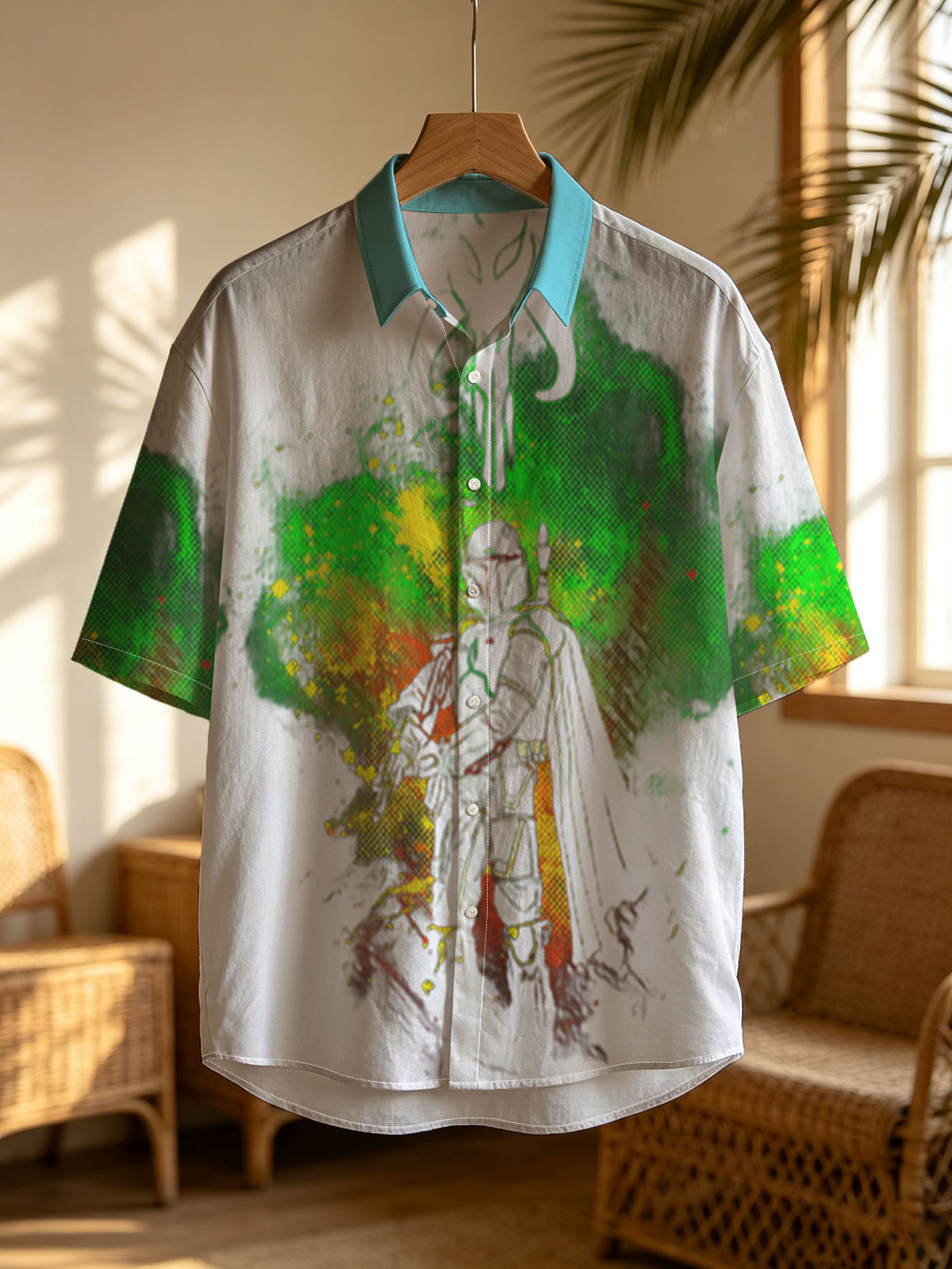 Din Djarin, The Mandalorian, stands in silhouette against a vibrant green and yellow cosmic backdrop, with the iconic Mandalorian symbol above. -  Shirt