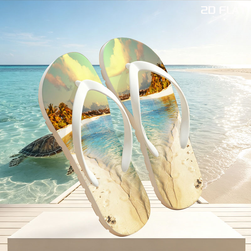 Tropical Beach with Clear Water and Palm Trees -  flip-flops