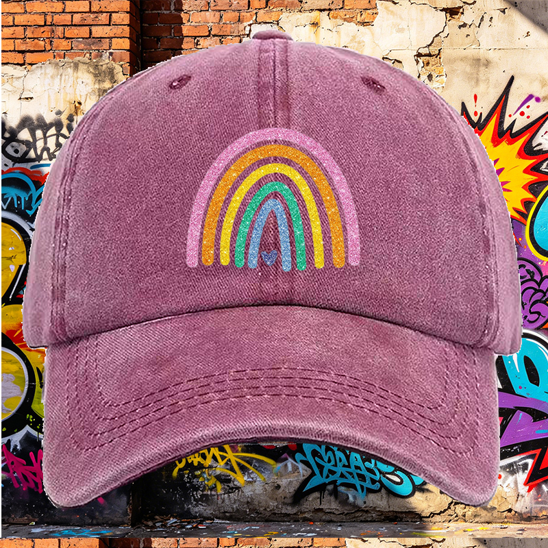 Men's Printed Washed Cap with Glitter Rainbow Heart Design - Casual Round Brim Summer Lightweight Cotton Hat for Outdoor Activities, Beach, Travel - Ideal for Young Adults and Trendy Men