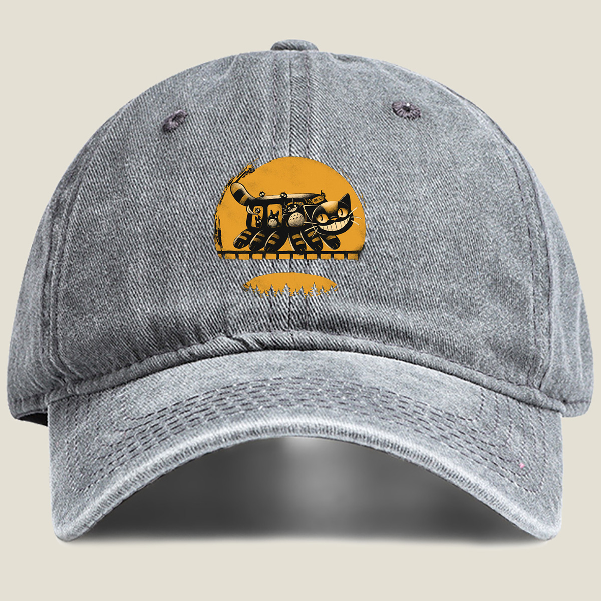 Catbus and Totoro on a Moonlit Journey - Washed Denim - Baseball Cap