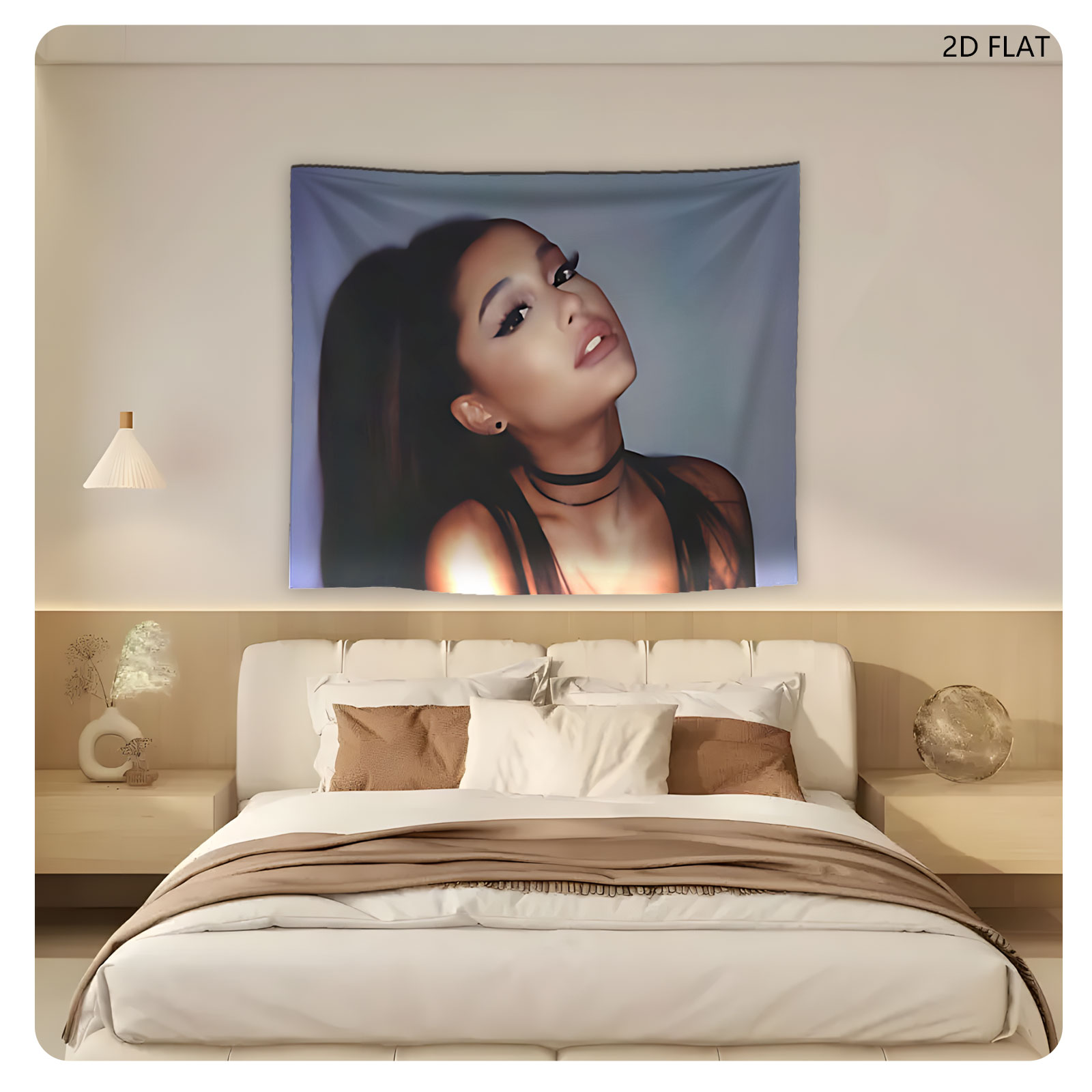 Ariana Grande in a dramatic pose with bold makeup and a black choker, set against a soft gradient background. - Tapestry