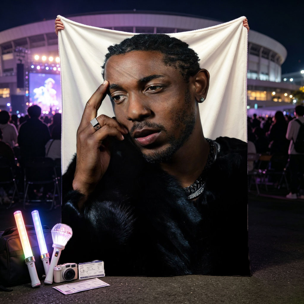 Kendrick Lamar in a Stylish Pose Wearing a Black Fur Coat and Silver Jewelry - Blankets