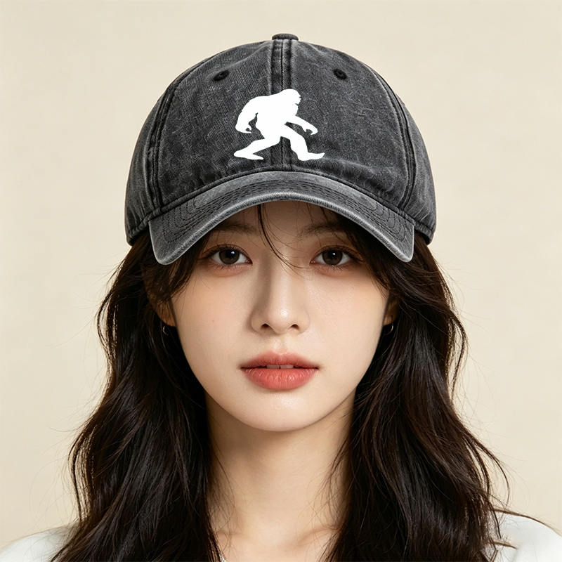 Unisex Classic Washed Cap with Bigfoot Silhouette Print + Outdoor Adventure Hat for Hiking Camping Nature Enthusiasts