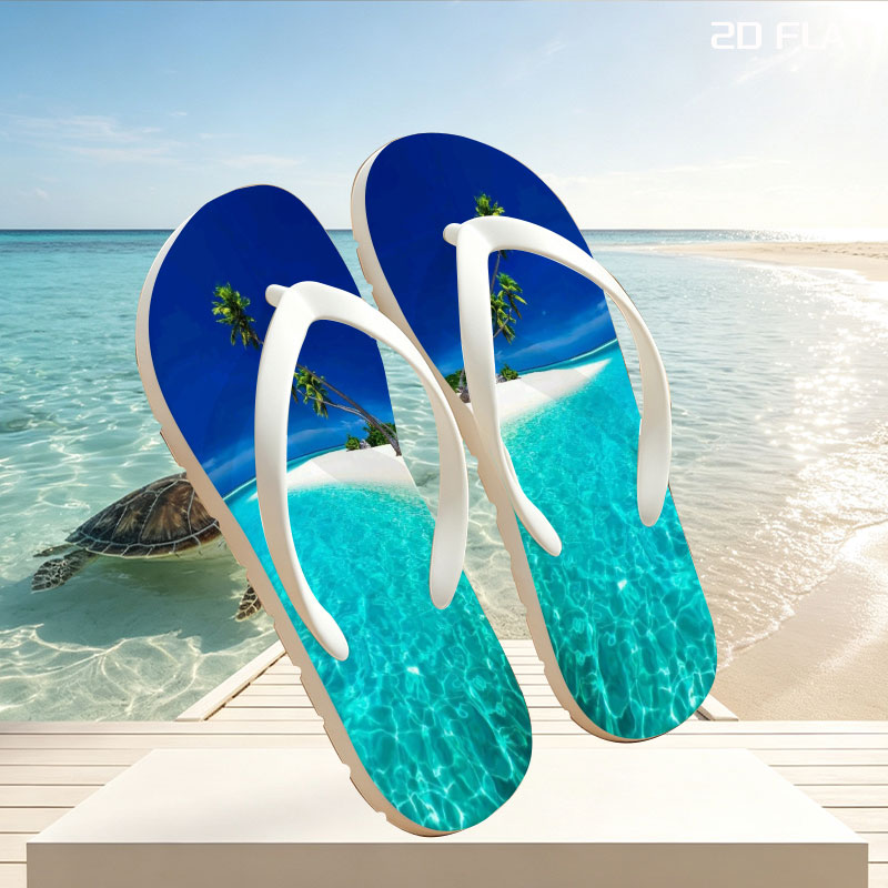 Serene tropical beach with crystal clear turquoise water and leaning palm trees under a vibrant blue sky. -  flip-flops