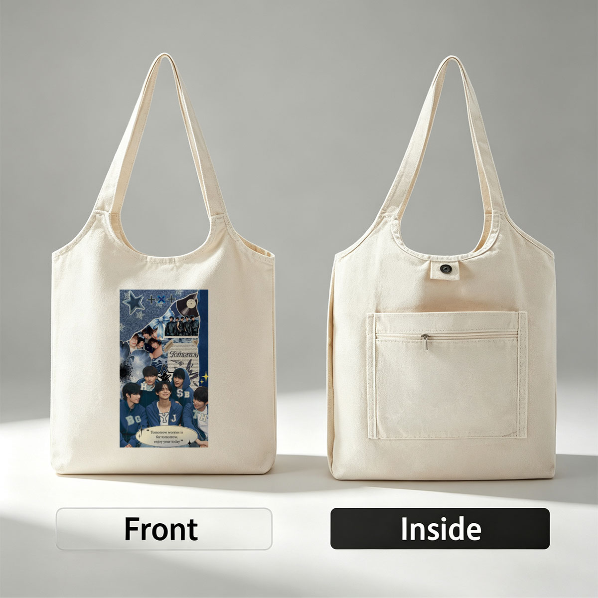 Tomorrow X Together Group Photo Collage with Blue Theme and Inspirational Quote - Canvas shoulder bags/