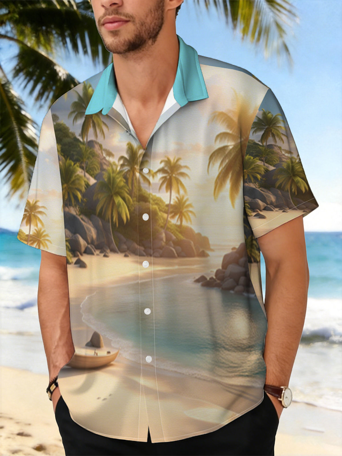 Serene Tropical Beach at Sunset with Palm Trees and Calm Waters -  Shirt