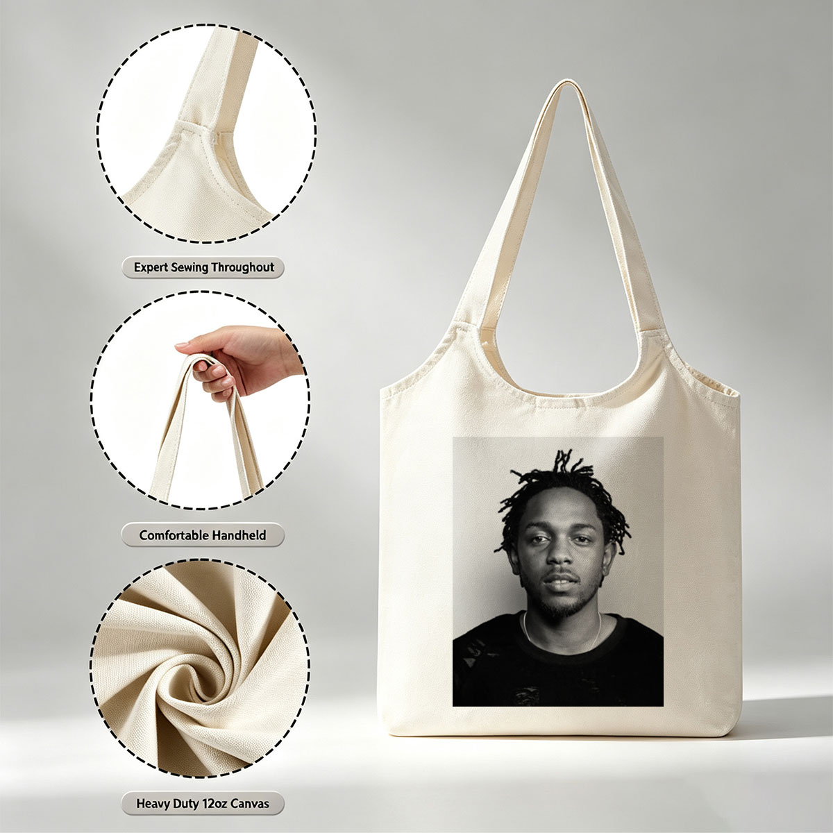 Kendrick Lamar Portrait in Black and White with Dreads and Neutral Expression - Canvas shoulder bags/