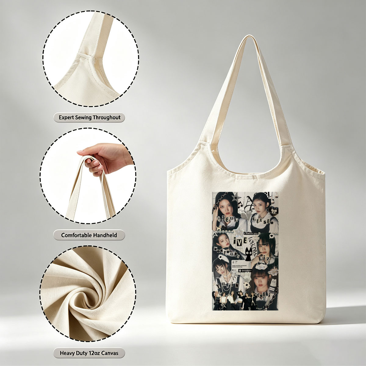 IVE Members in a Stylish Collage Featuring Fashion, Music Notes, and Cute Icons - Canvas shoulder bags/
