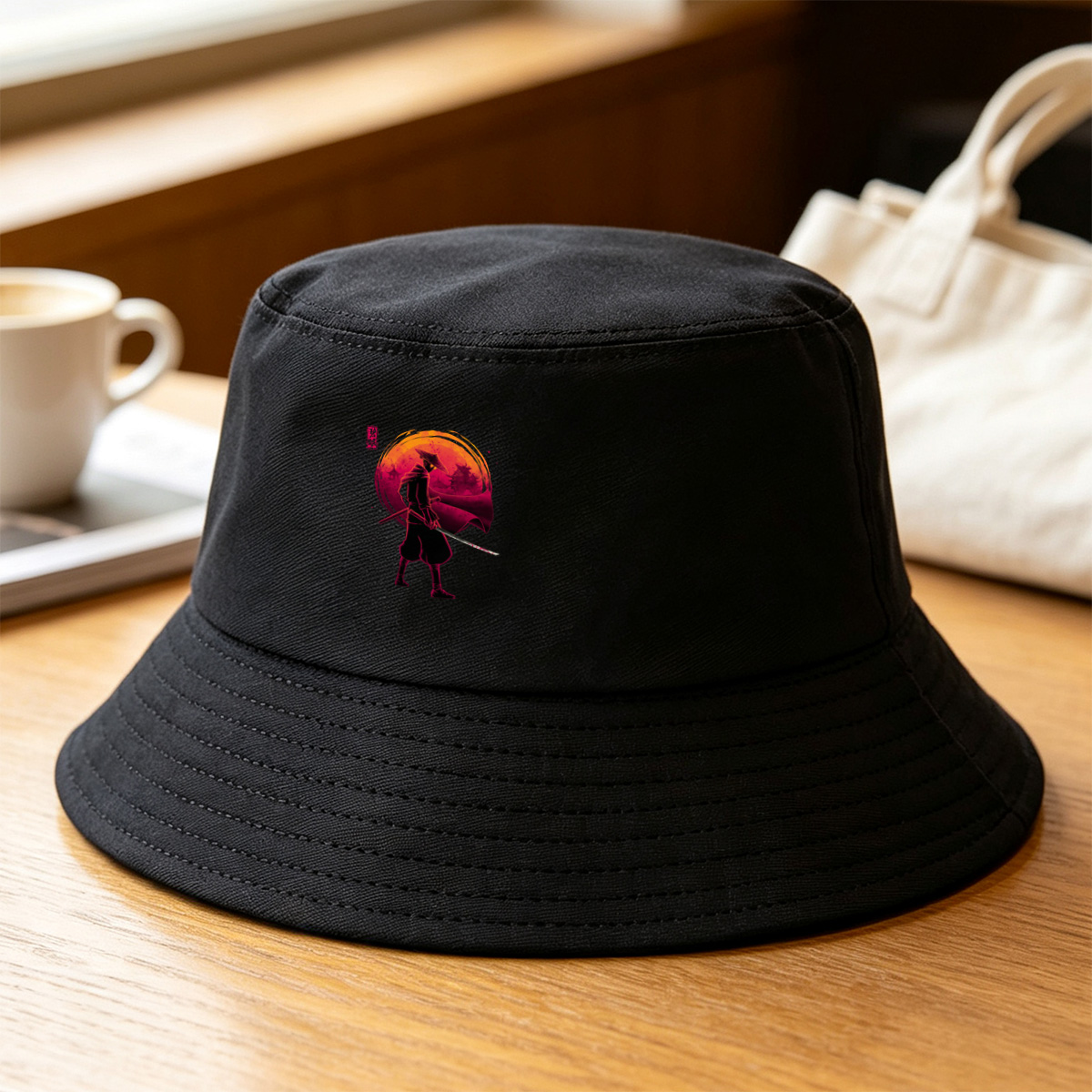 Samurai Warrior with Bloodied Sword Against Crimson Moon - Fisherman's Hat
