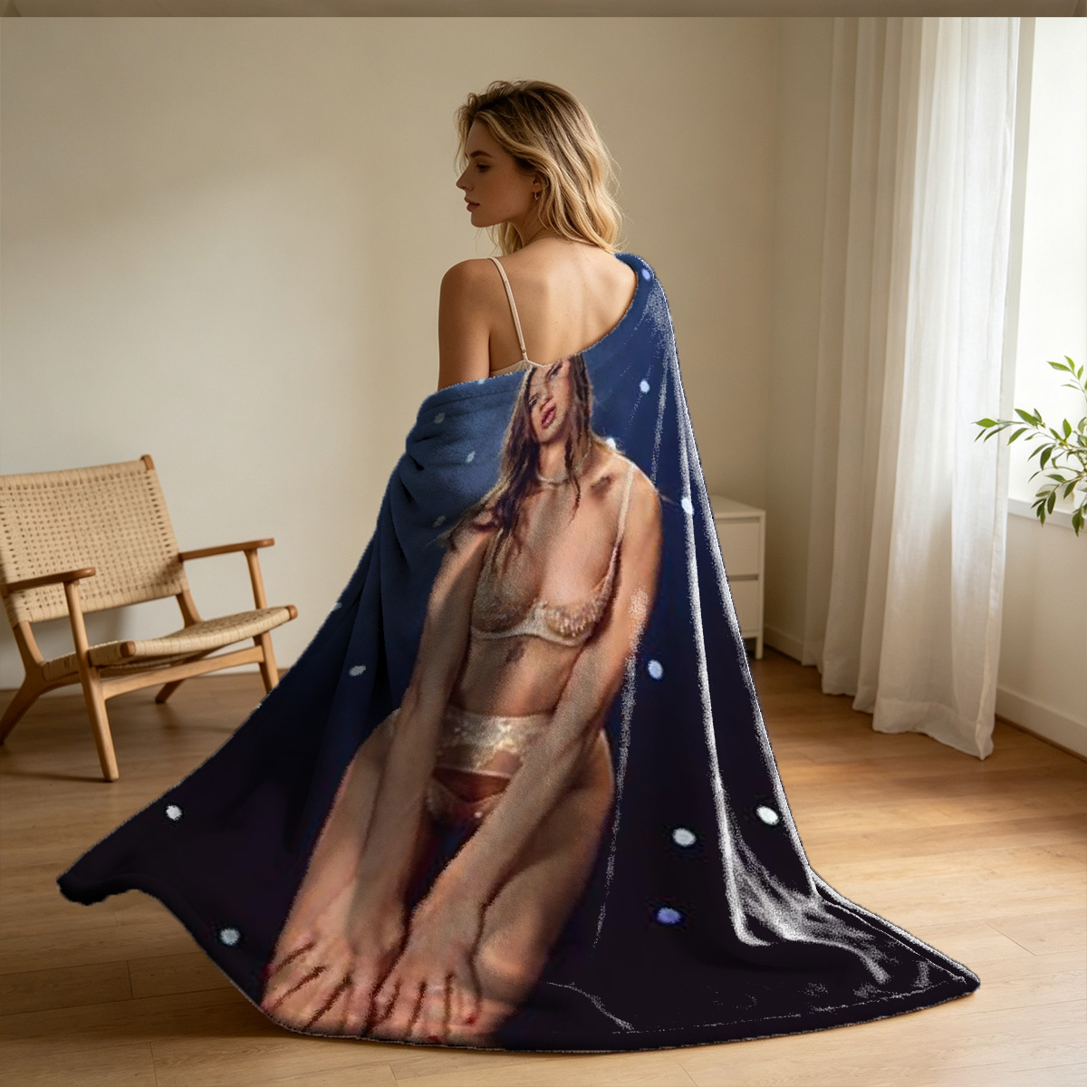 Elegant Woman in Black Lace Lingerie and Open Brown Robe Standing in Modern Interior - Blanket