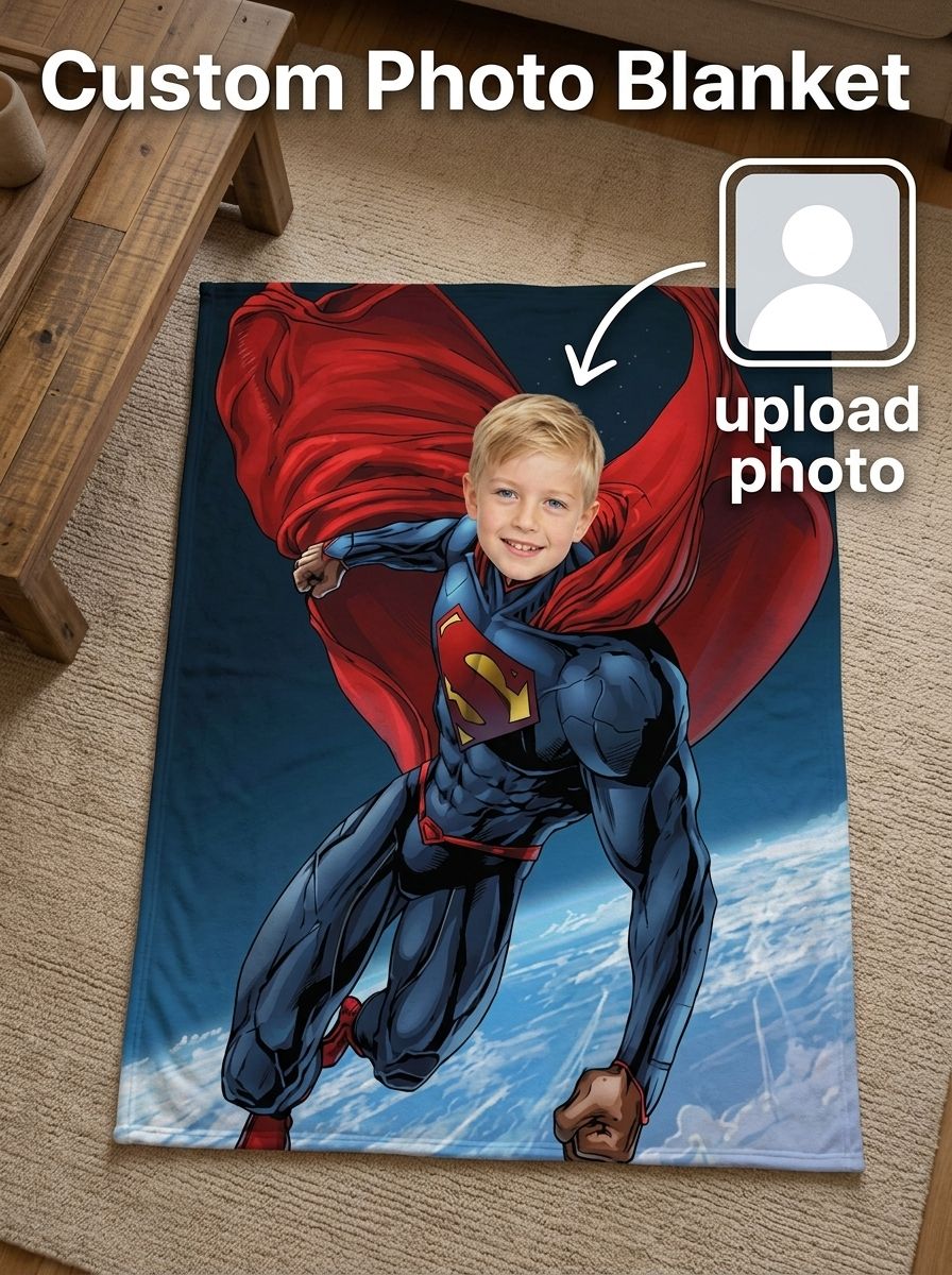 Personalized Superhero Face Photo Flannel Throw Blanket Ultra Soft Anti-Pilling Fleece Bed Cover Ideal Custom Gift