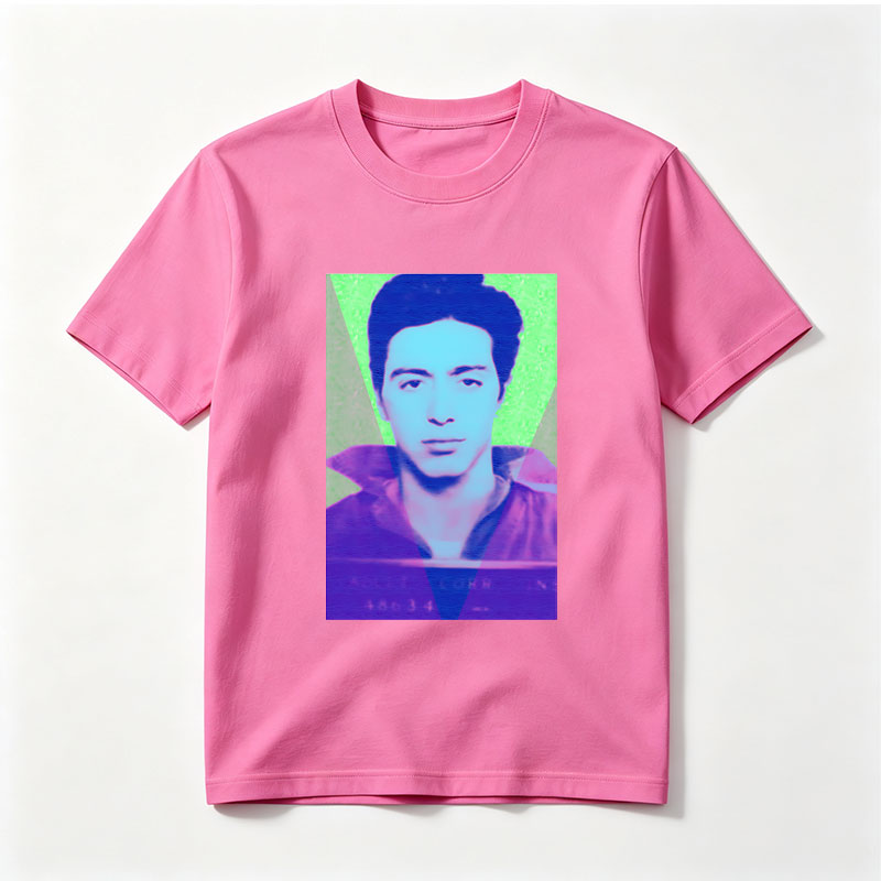 A stylized portrait of a man with vibrant, colorful lighting and geometric overlays. - Tee