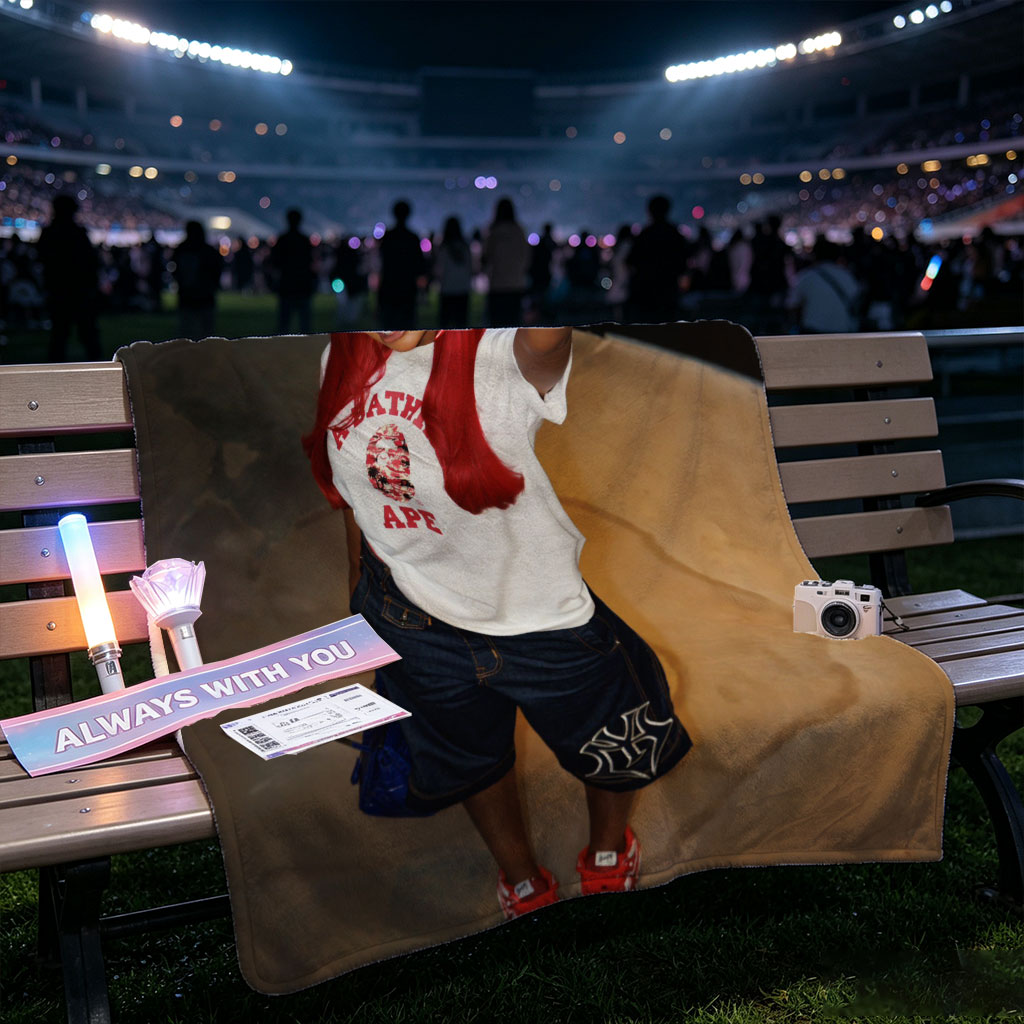 Nicki Minaj in a Red Apple Hat and A Bathing Ape Shirt, Striking a Pose with a Peace Sign - Blankets
