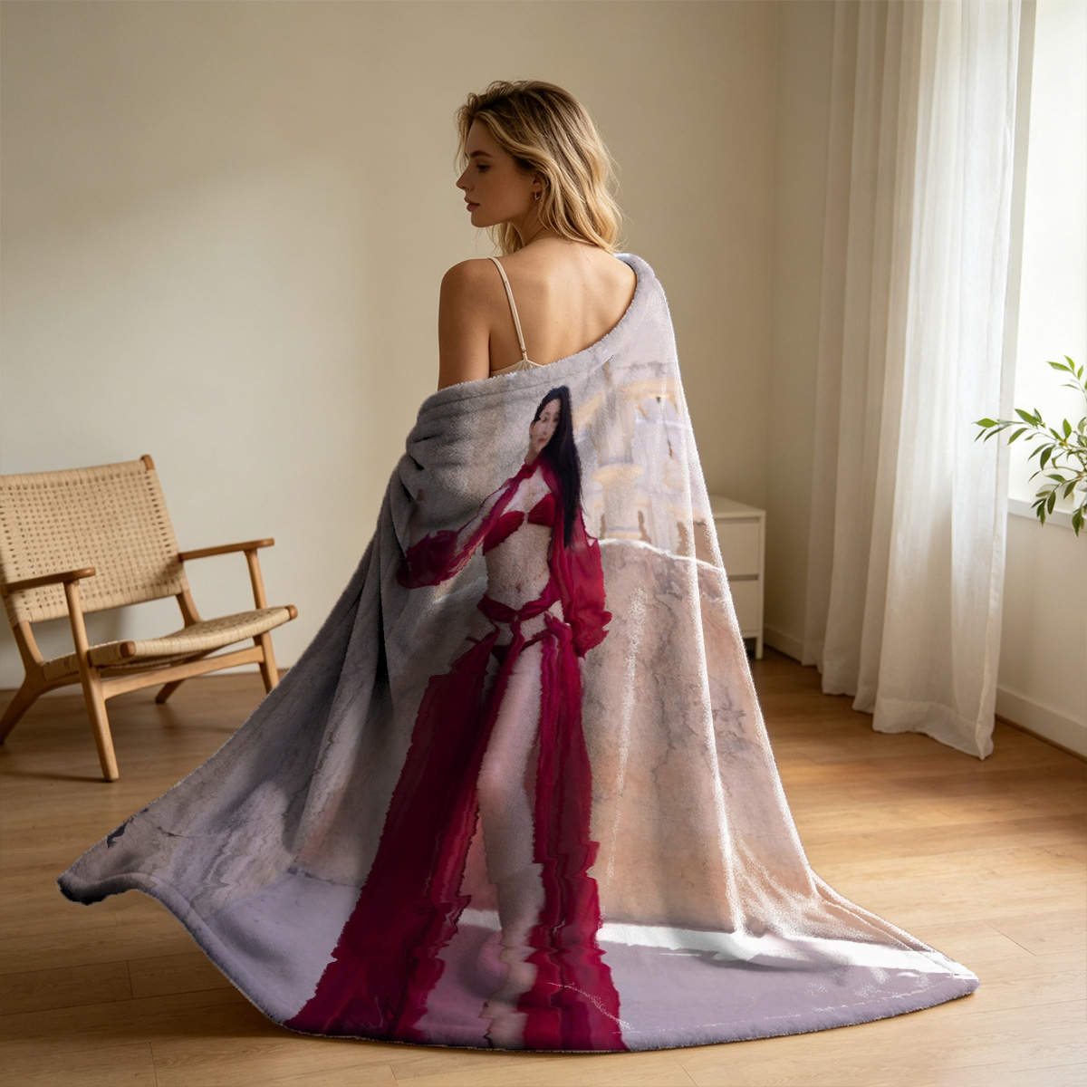 Nude Back View of Asian Beauty in Pink Thong by Night Window - Blanket
