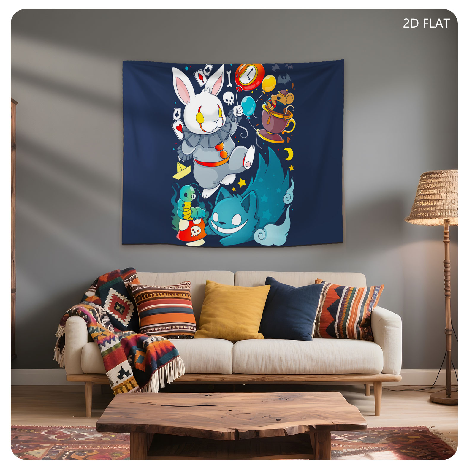 Alice in Wonderland Characters: White Rabbit, Cheshire Cat, Mad Hatter, and Caterpillar in Whimsical Scene - Tapestry