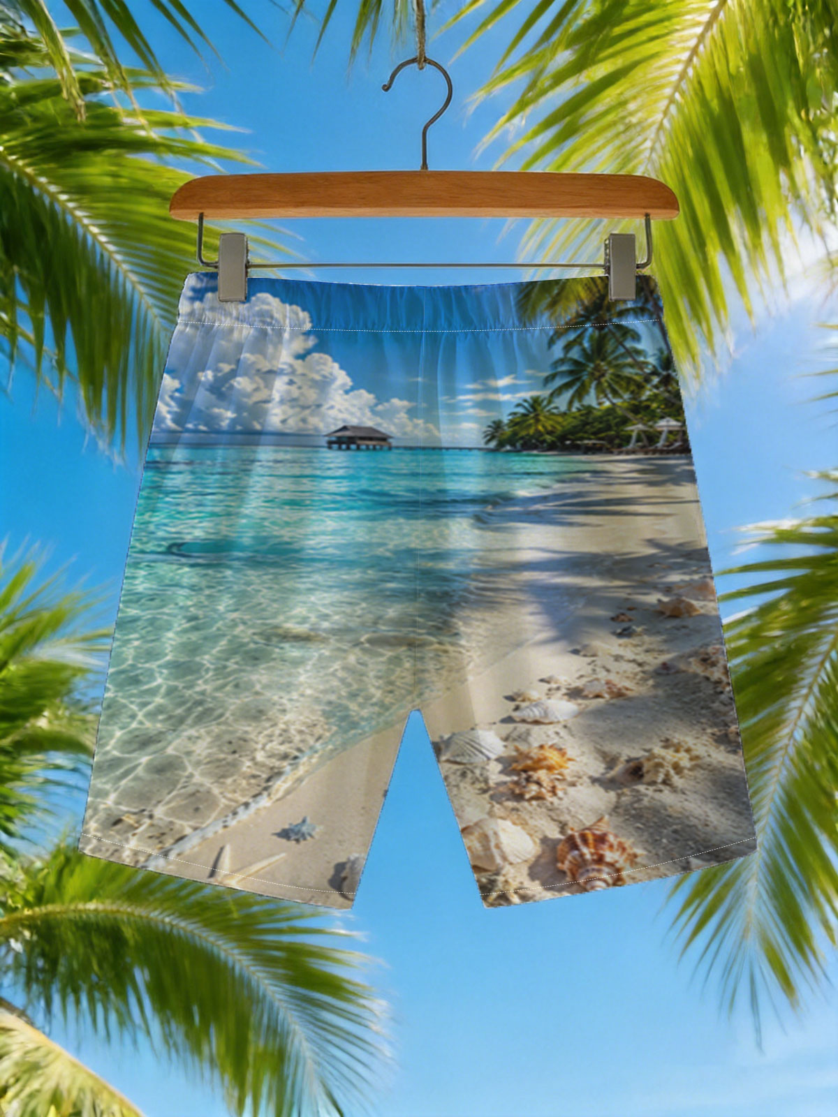 Tropical Beach with Clear Water, Shells, and Palm Trees -  Beach shorts